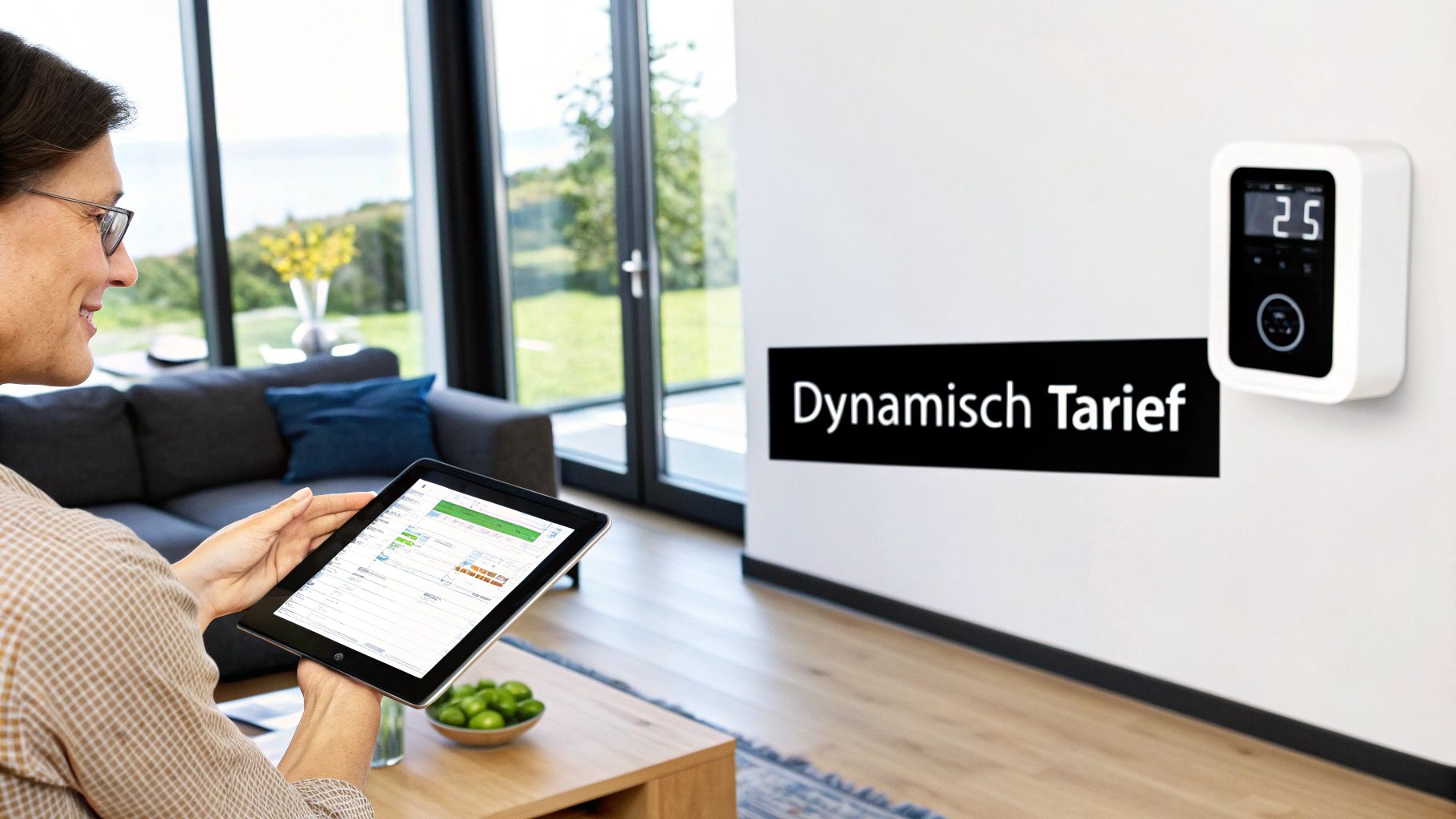 Vrouw bekijkt dynamisch energietarief op tablet met slimme thermostaat op de muur