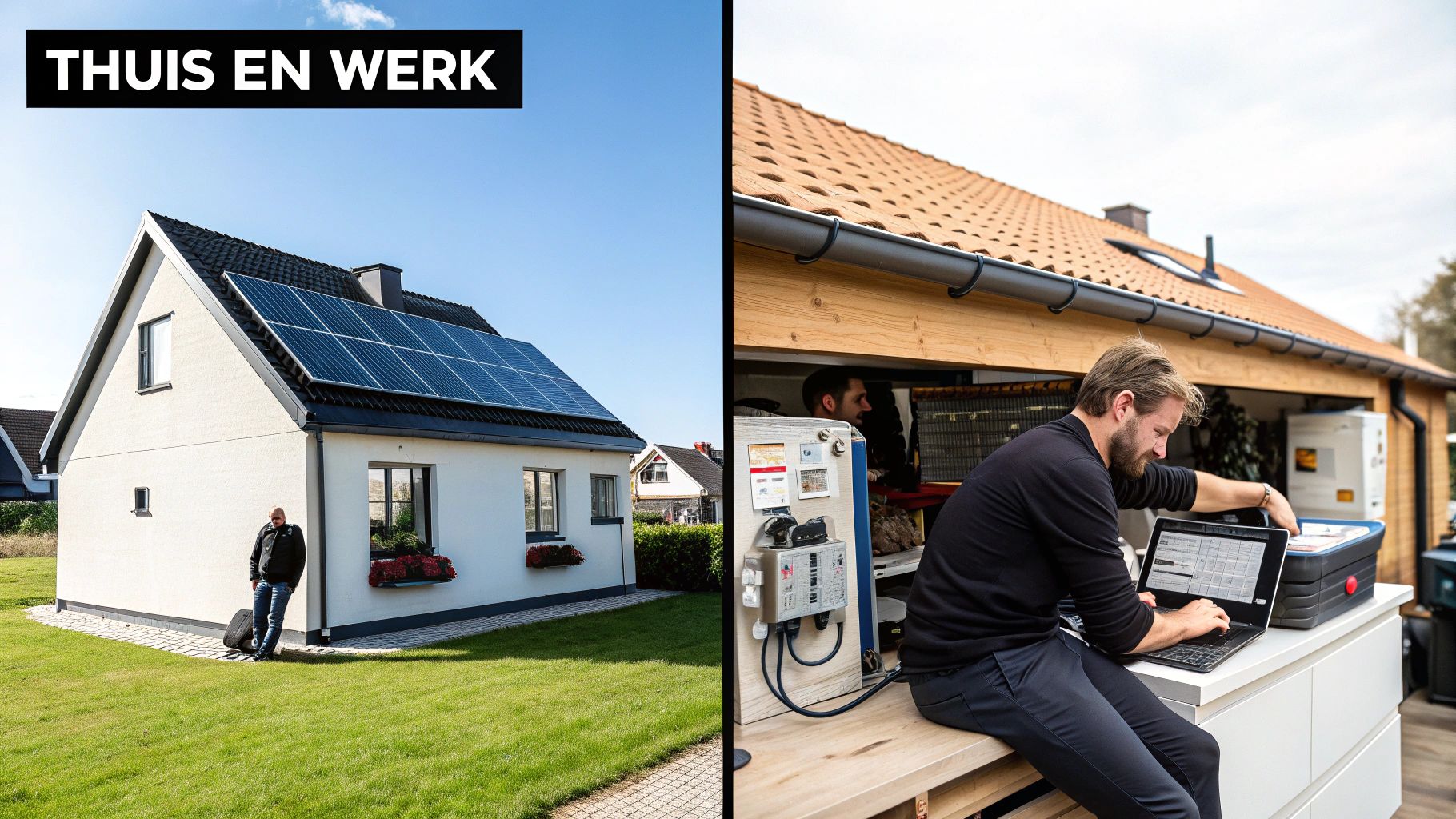Thuis en werk: een huis met zonnepanelen en een man die buiten op een laptop werkt.