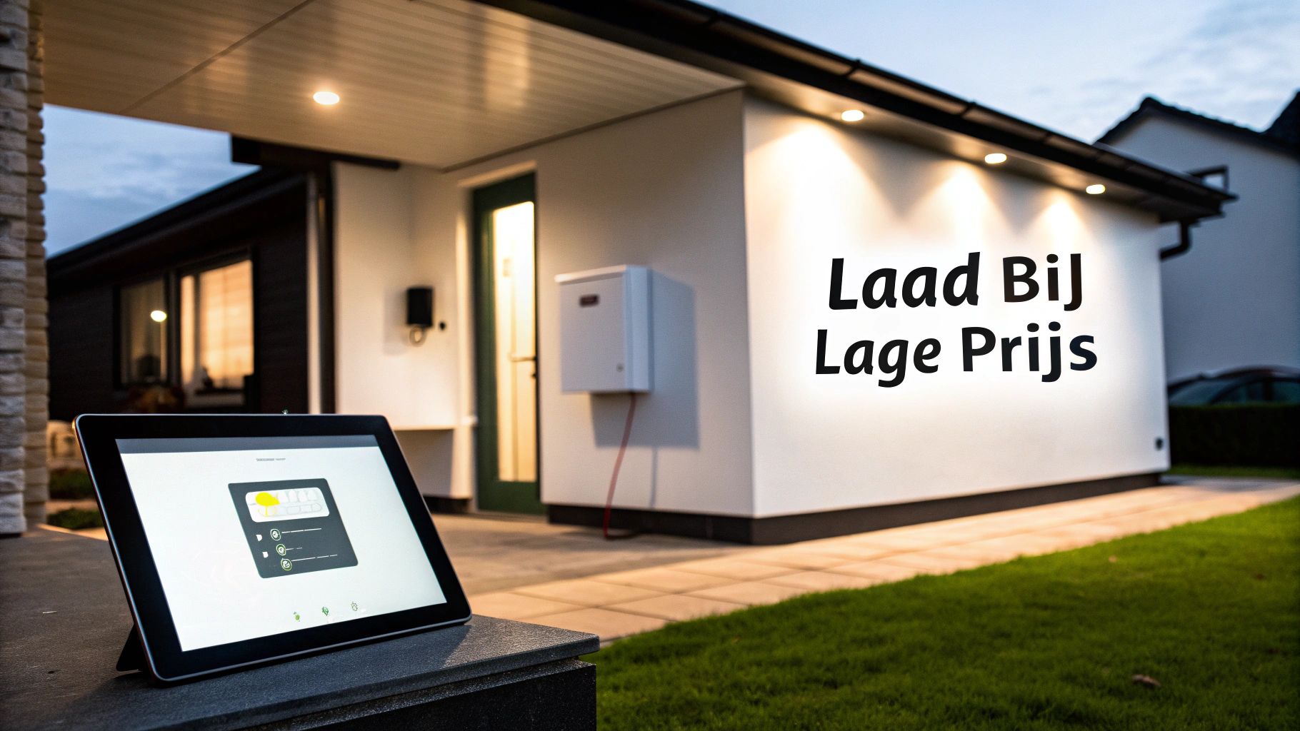 Slim energiebeheer in modern huis met tablet, tekst 'Laad Bij Lage Prijs' en thuisbatterij.