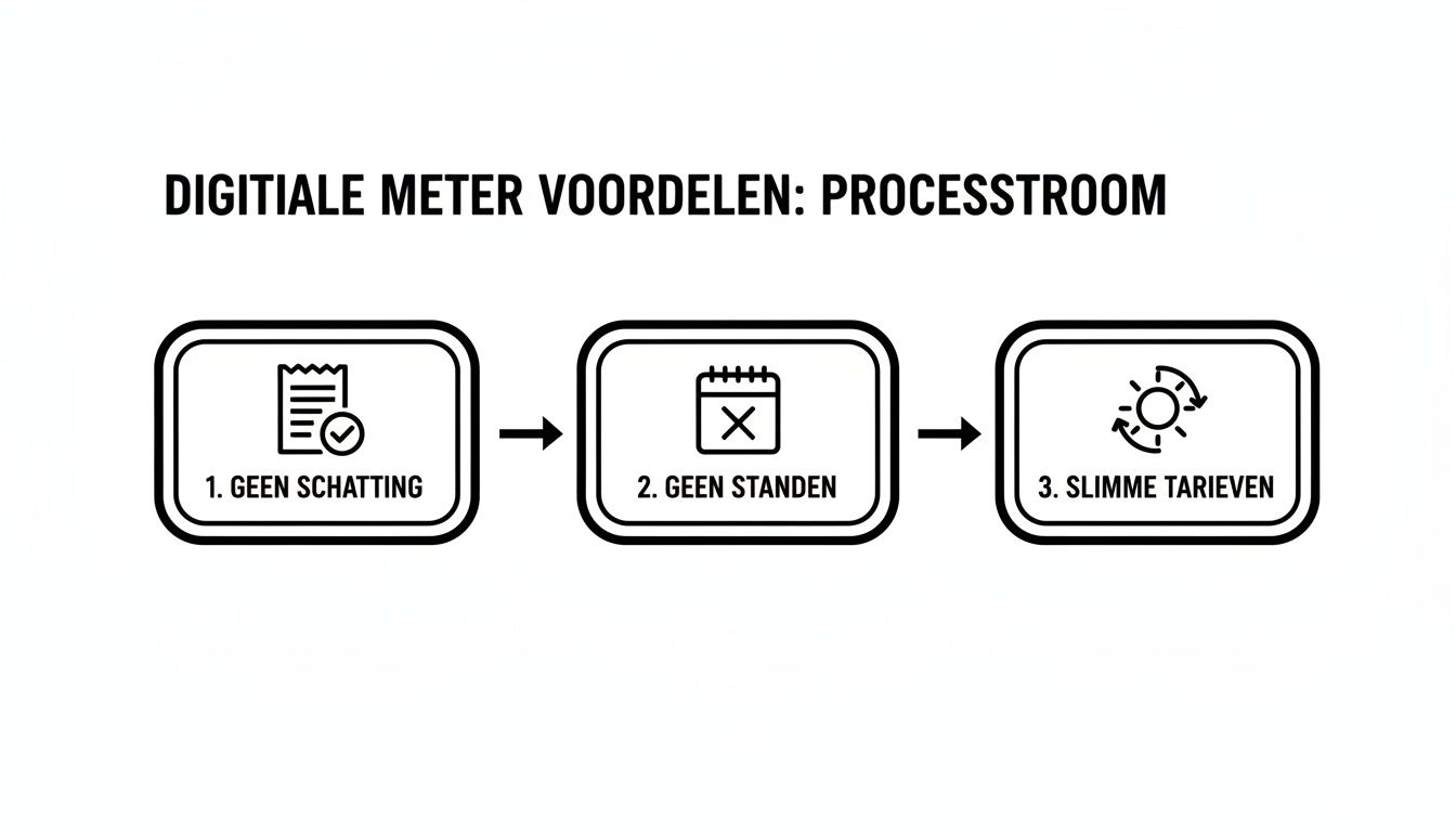 Visualisatie van de voordelen van een digitale meter: geen schattingen, geen standen opnemen en slimme tarieven.