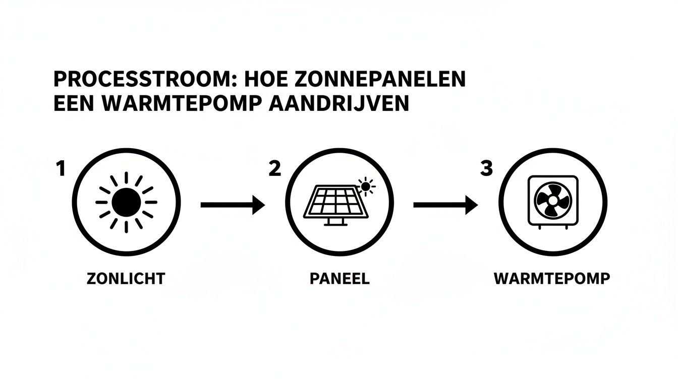 Schematische weergave van hoe zonnepanelen een warmtepomp aandrijven met zonlicht als energiebron.