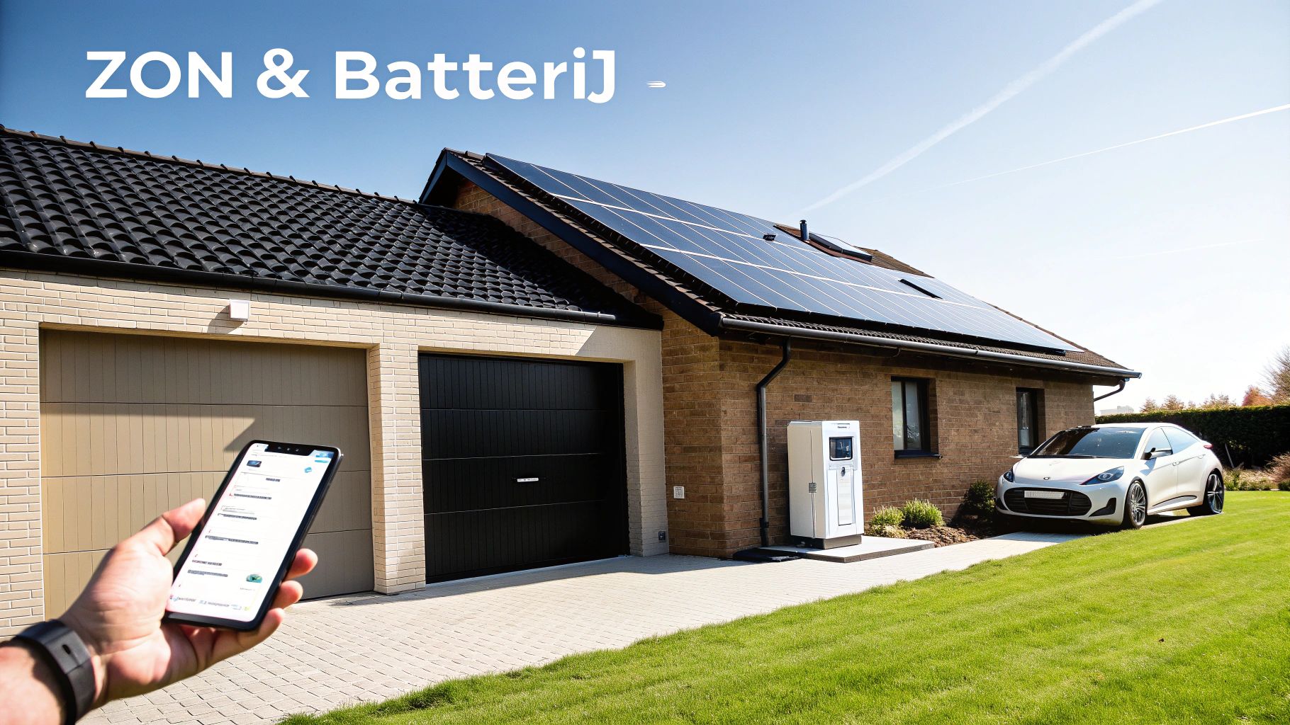 Modern huis met zonnepanelen en elektrische auto, bediend via smartphone-app. Laadstation en groene energie.