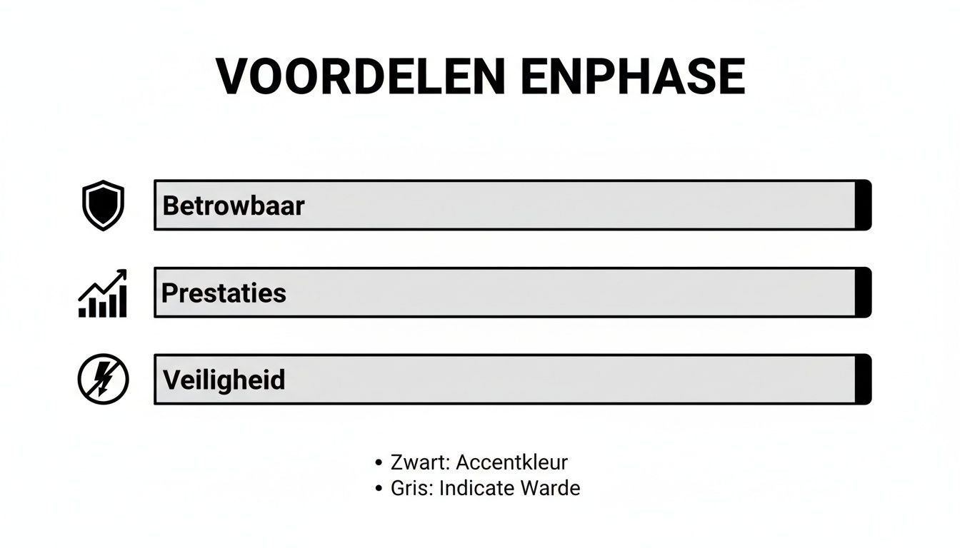 Overzicht van de voordelen van Enphase, met items zoals betrouwbaarheid, prestaties en veiligheid, weergegeven met voortgangsbalken.