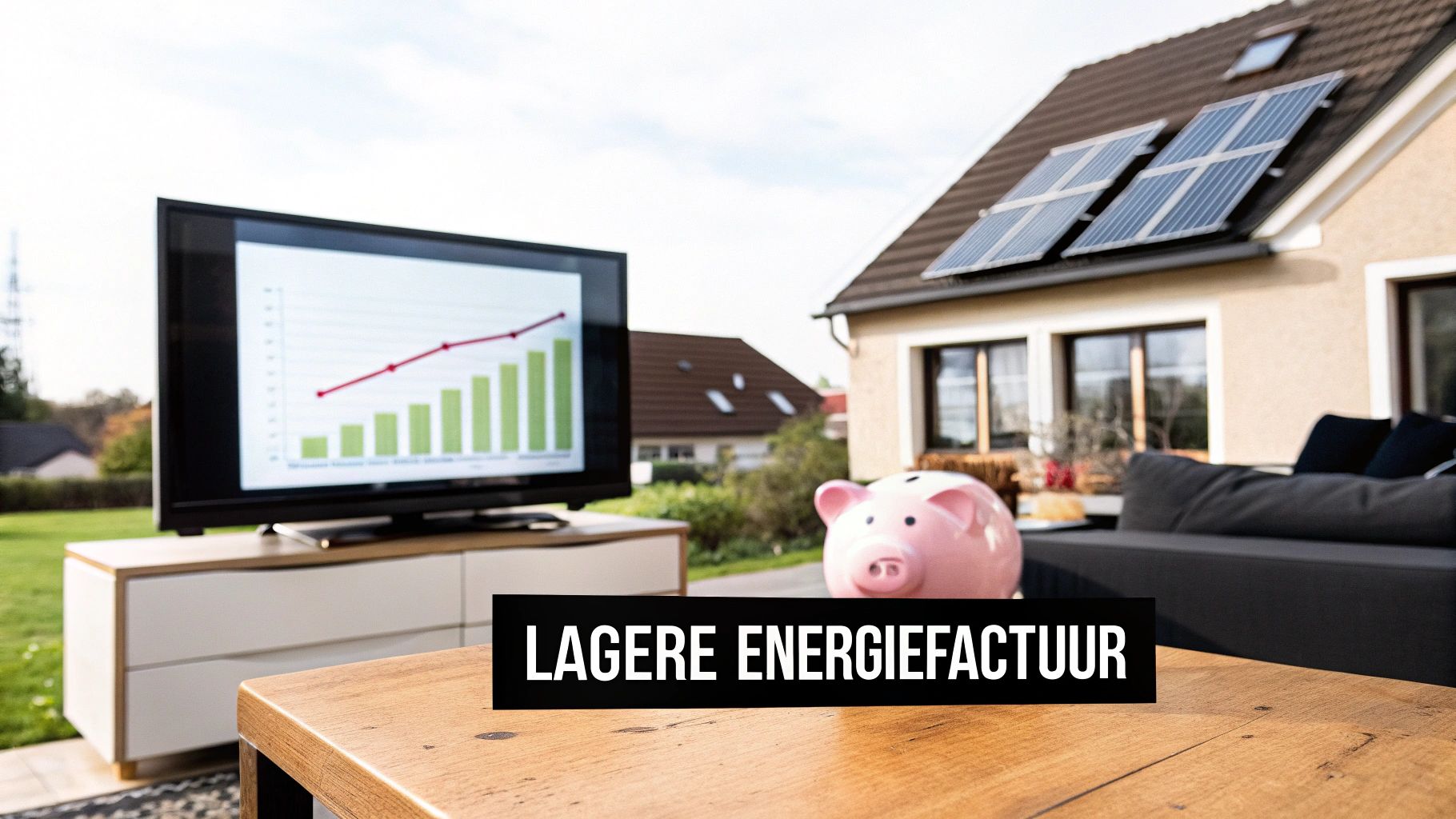 Afbeelding van een huis met zonnepanelen, een tv met grafiek, een spaarvarken en de tekst 'LAGERE ENERGIEFACTUUR'.