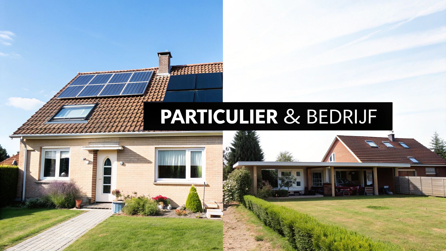 Afbeelding van twee woningen, één met zonnepanelen, en de tekst 'PARTICULIER &amp; BEDRIJF' op een banner.