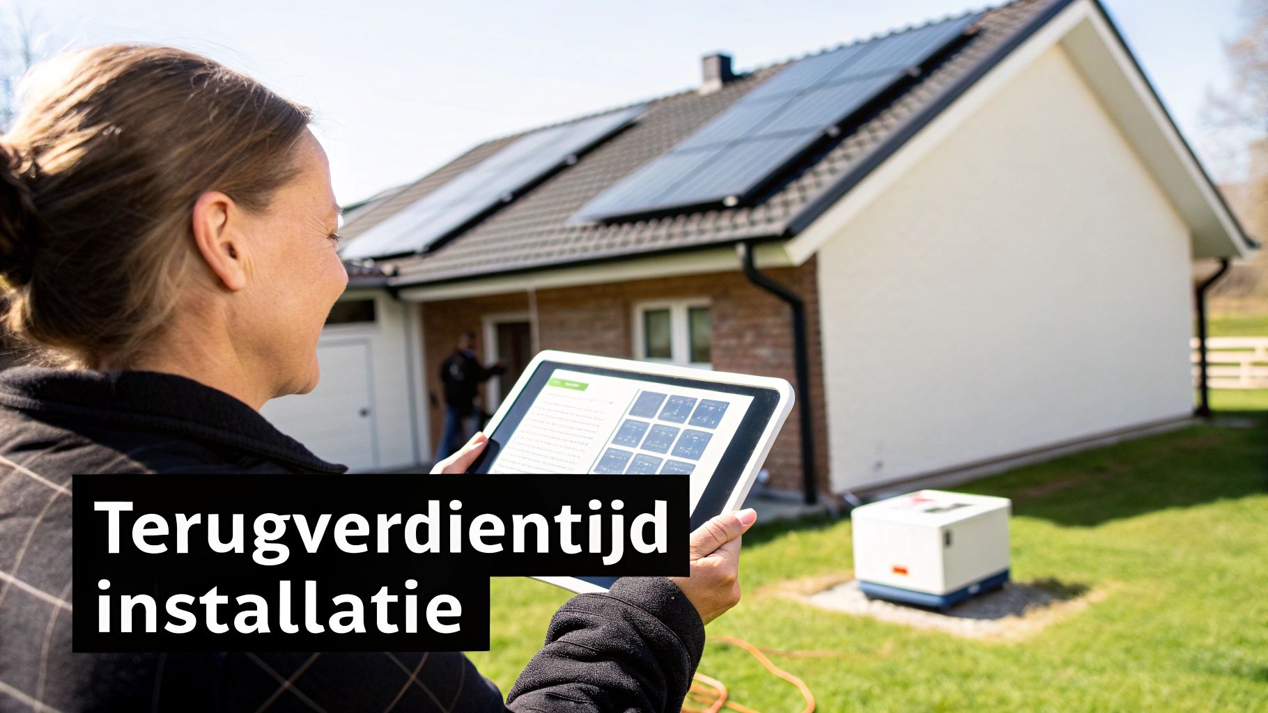 Een vrouw bekijkt op een tablet de installatie en prestaties van zonnepanelen en een energieopslagsysteem bij een huis.