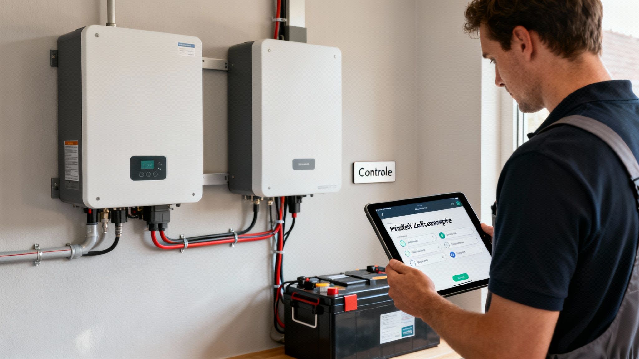 Monteur controleert een thuisbatterij- en omvormersysteem met een tablet voor energiebeheer in een modern huis.