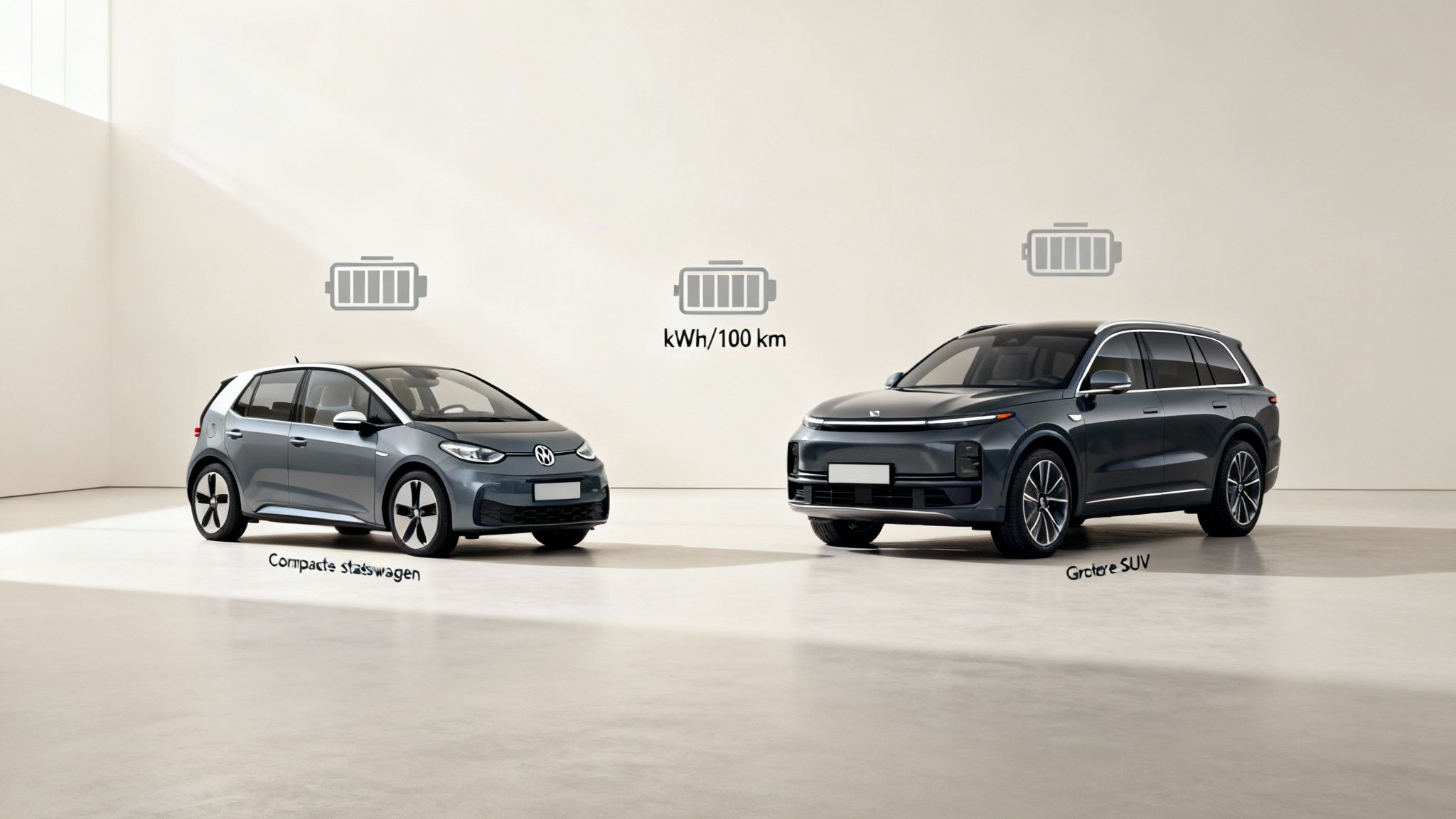 Elektrische auto's: een compacte hatchback en een grote SUV, met hun batterij-iconen en verbruik per 100 km.