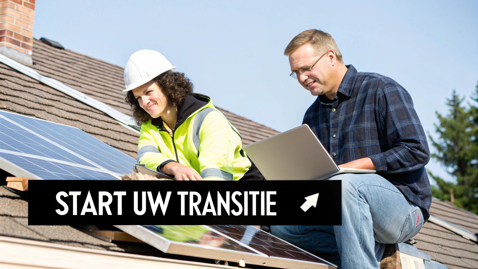 Zonnepaneleninstallateurs op het dak: een vrouw installeert, een man controleert gegevens op een laptop.