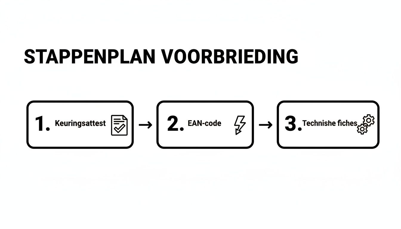 Stappenplan voorbereiding voor het aanmelden van zonnepanelen, met stappen voor keuringsattest, EAN-code en technische fiches.