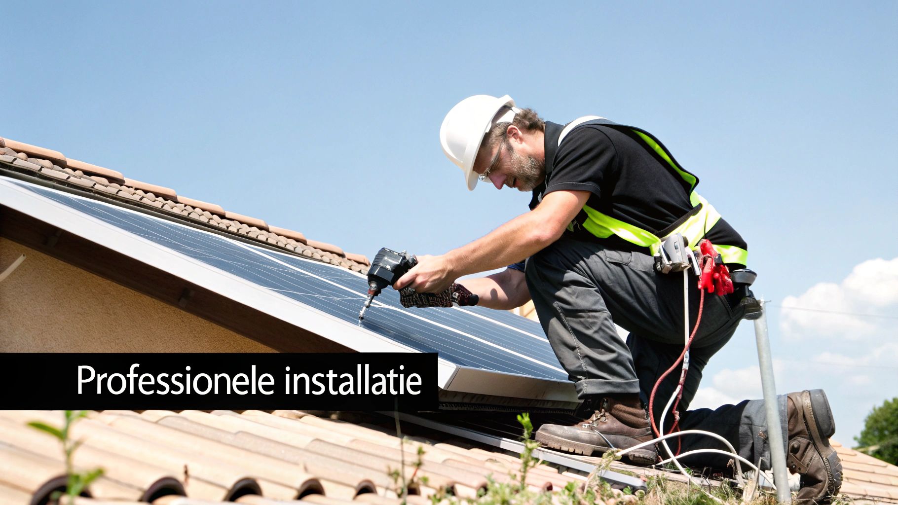 Vakman in veiligheidsuitrusting installeert zonnepanelen op een pannendak onder een heldere blauwe lucht.