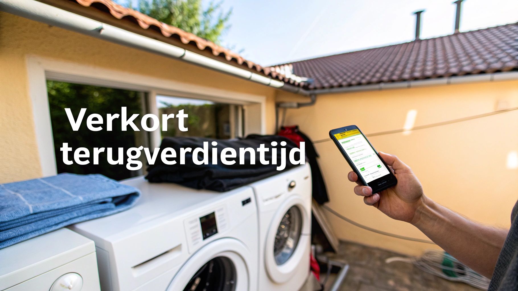 Hand houdt smartphone vast met energie-app naast wasmachines; tekst 'Verkort terugverdientijd' suggereert besparingen.