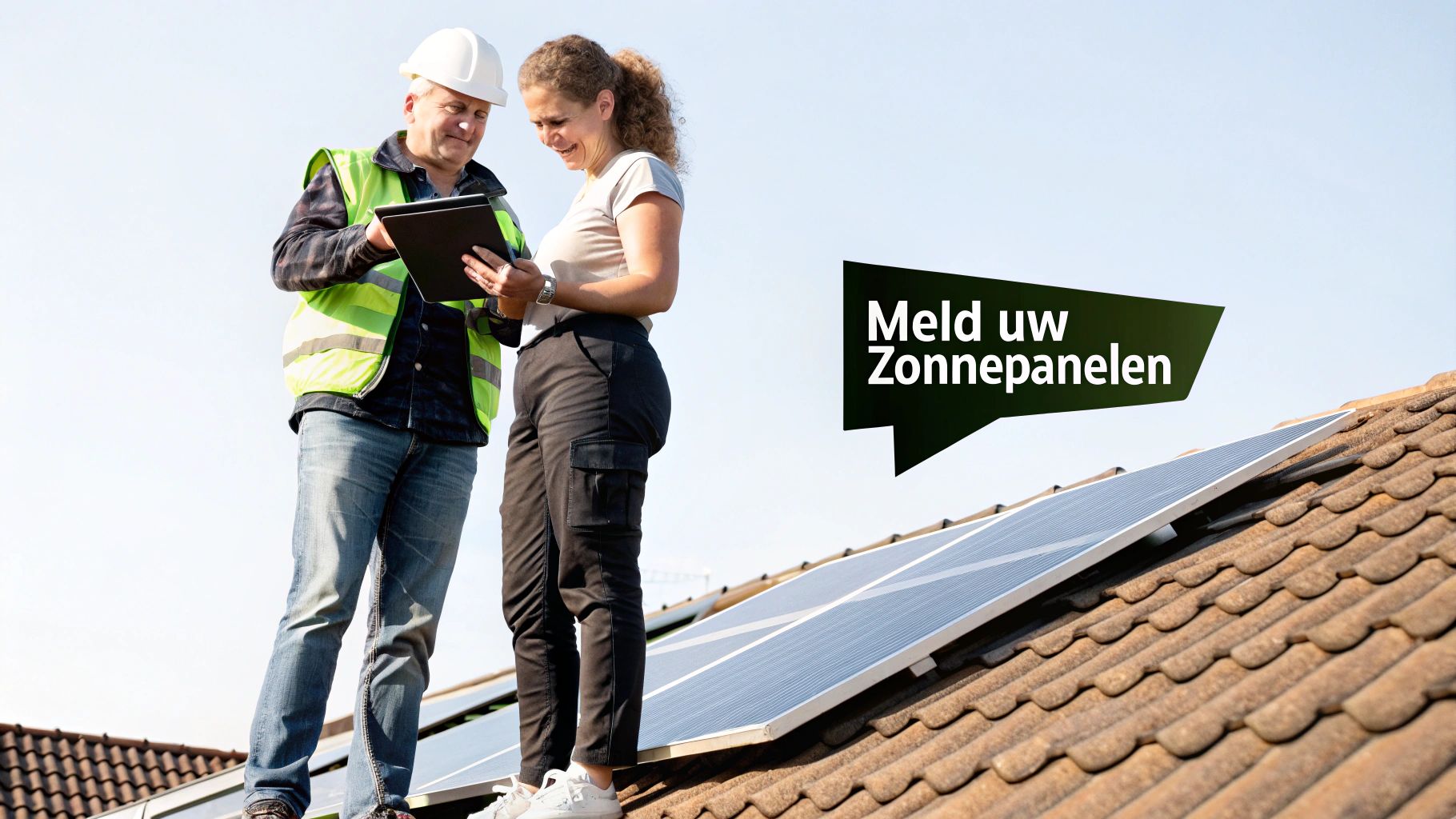 Een installateur en klant op het dak bekijken gegevens op een tablet naast zonnepanelen.