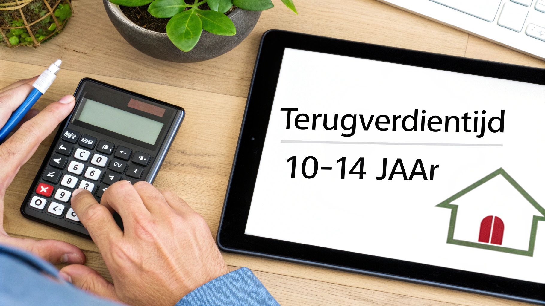 Persoon gebruikt een rekenmachine naast een tablet met 'Terugverdientijd 10-14 JAAR' en een huisicoon op een houten bureau.