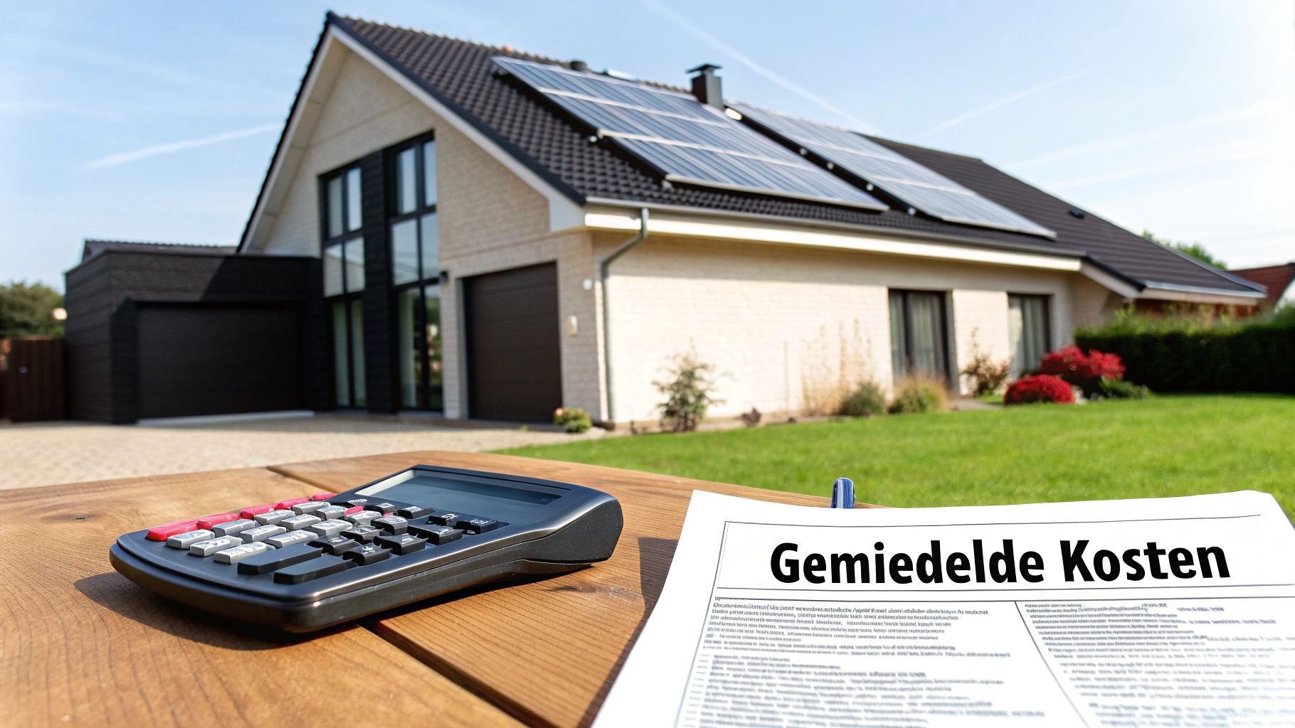 Moderne woning met zonnepanelen op het dak, een calculator en een document over gemiddelde kosten op een houten tafel.
