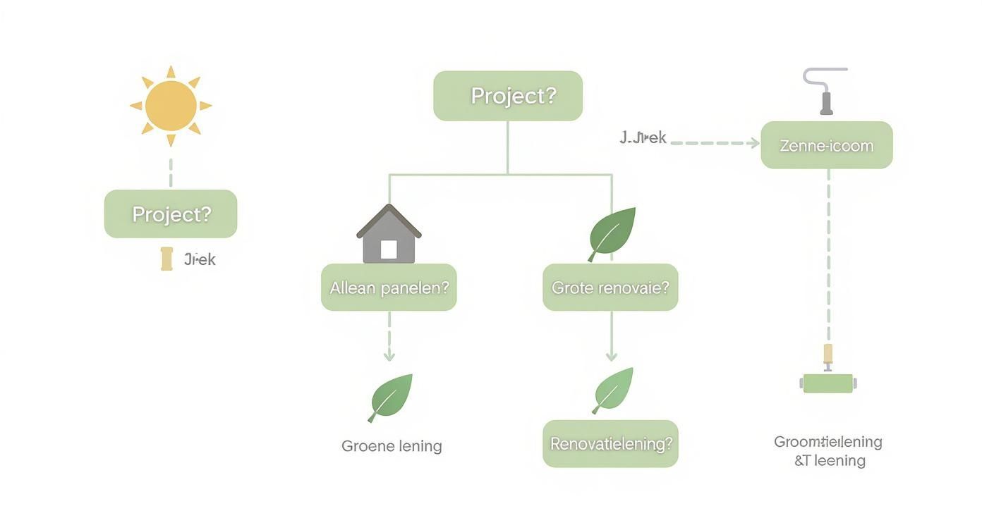 Stroomdiagram voor projectfinanciering: opties voor groene lening, renovatielening en andere leningen.