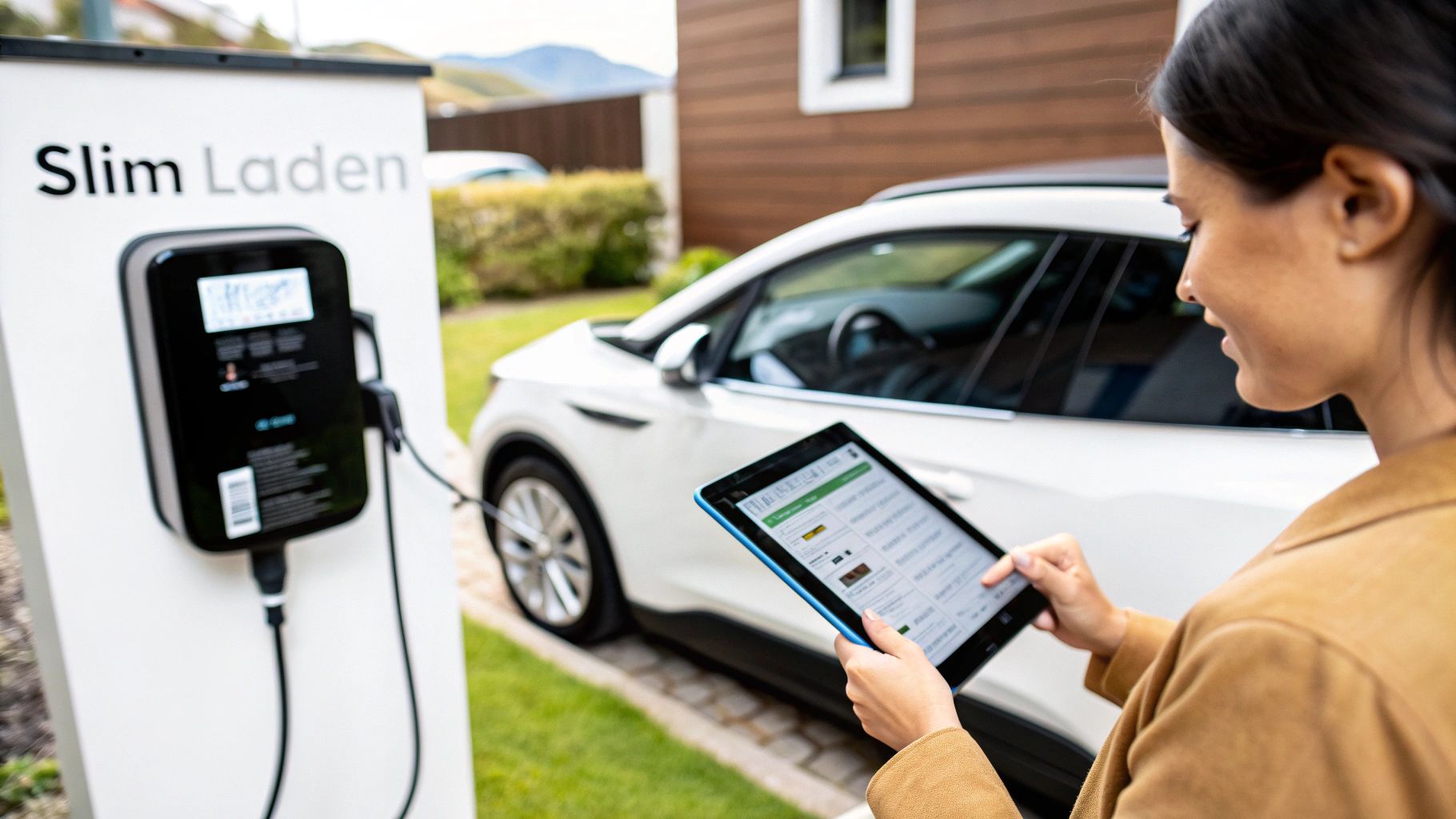 Vrouw gebruikt een tablet terwijl haar witte elektrische auto wordt opgeladen bij een 'Slim Laden' laadstation.