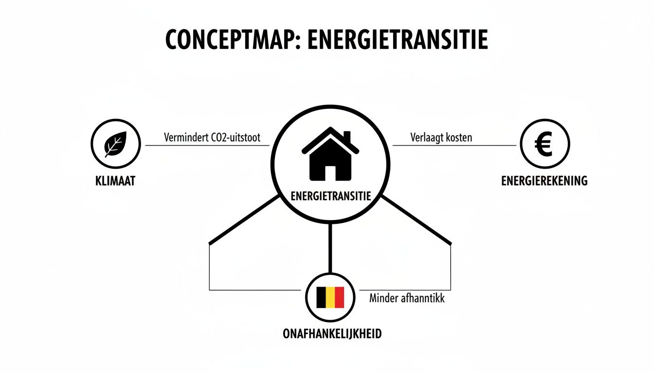 Conceptmap die de voordelen van energietransitie toont: minder CO2, lagere kosten en grotere onafhankelijkheid.