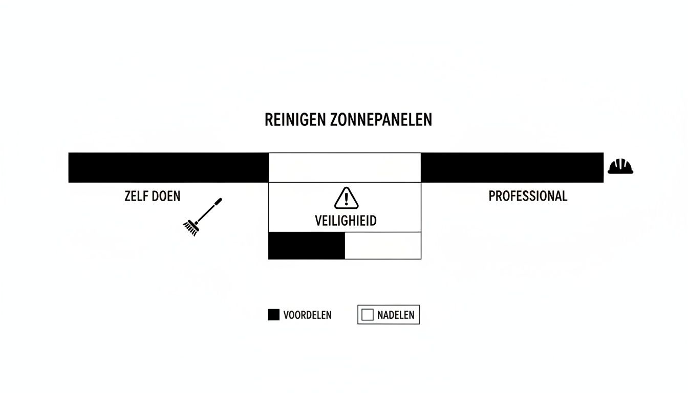 Overzicht van voor- en nadelen bij het zelf reinigen of professioneel laten schoonmaken van zonnepanelen, met focus op veiligheid.