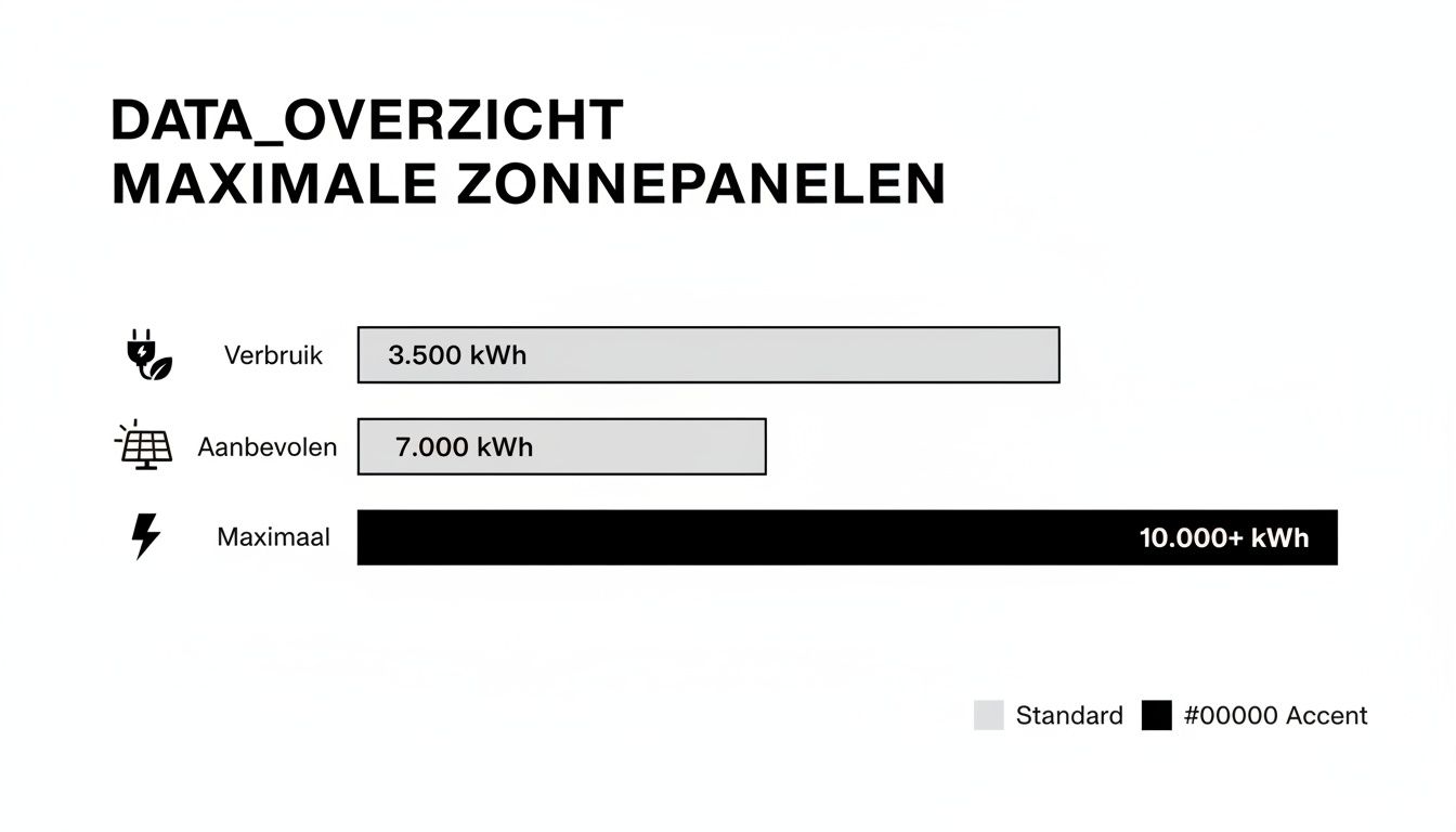 Infographic over zonnepanelen, met verbruik (3.500 kWh), aanbevolen (7.000 kWh) en maximaal (10.000+ kWh) aantal.
