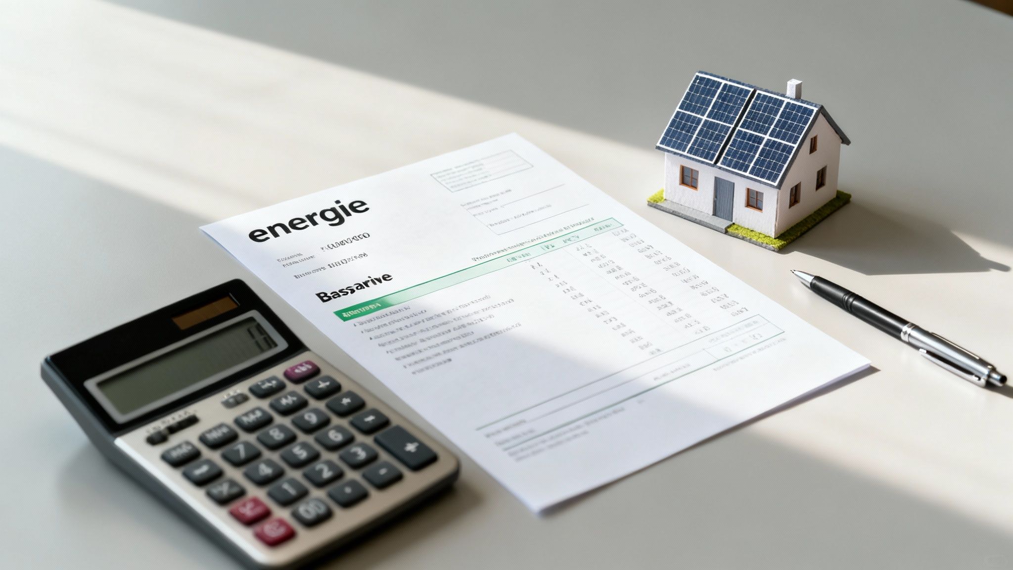 Modelhuis met zonnepanelen, energierekening en calculator op tafel, symboliseert duurzame energiekosten.