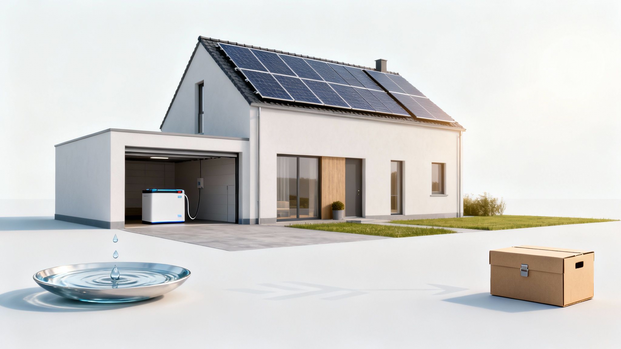 Een modern huis met zonnepanelen op het dak en een thuisbatterij in de garage, symboliseert duurzame energieoplossingen.