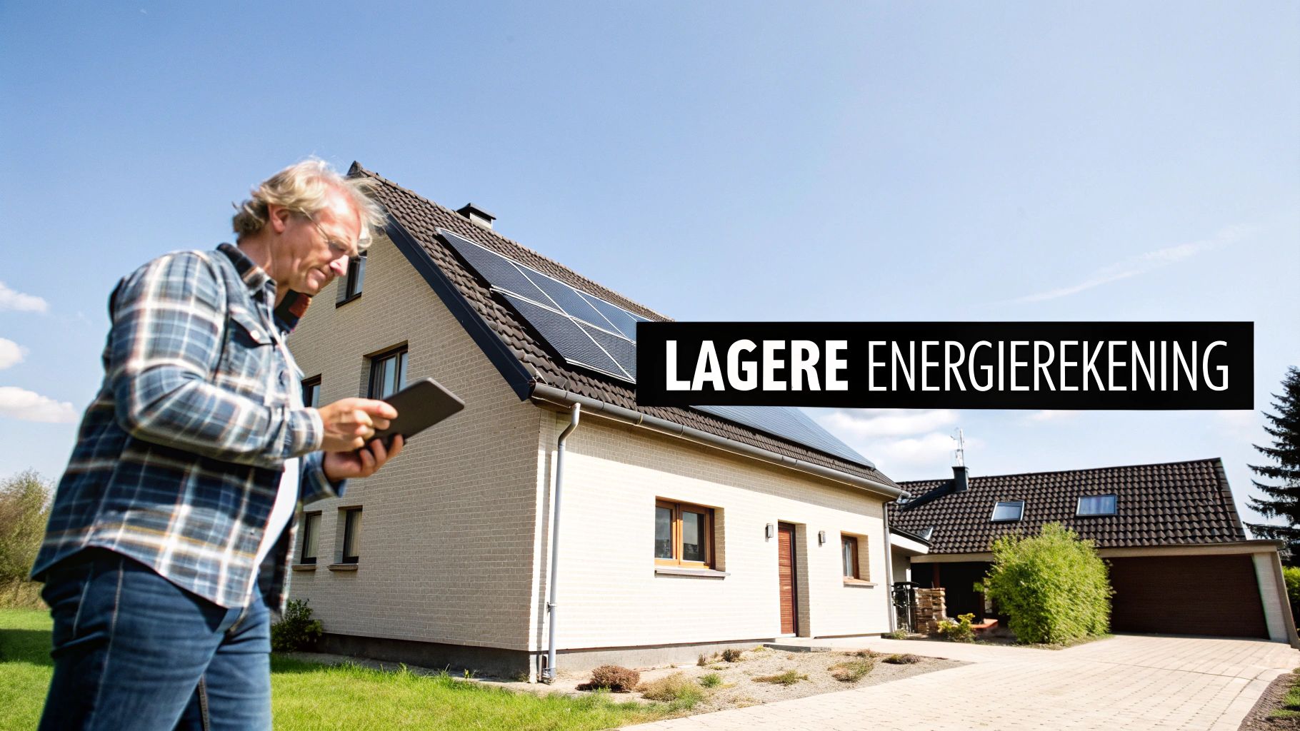 Man met tablet voor huis met zonnepanelen op dak, wat duidt op duurzame energie en een lagere energierekening.
