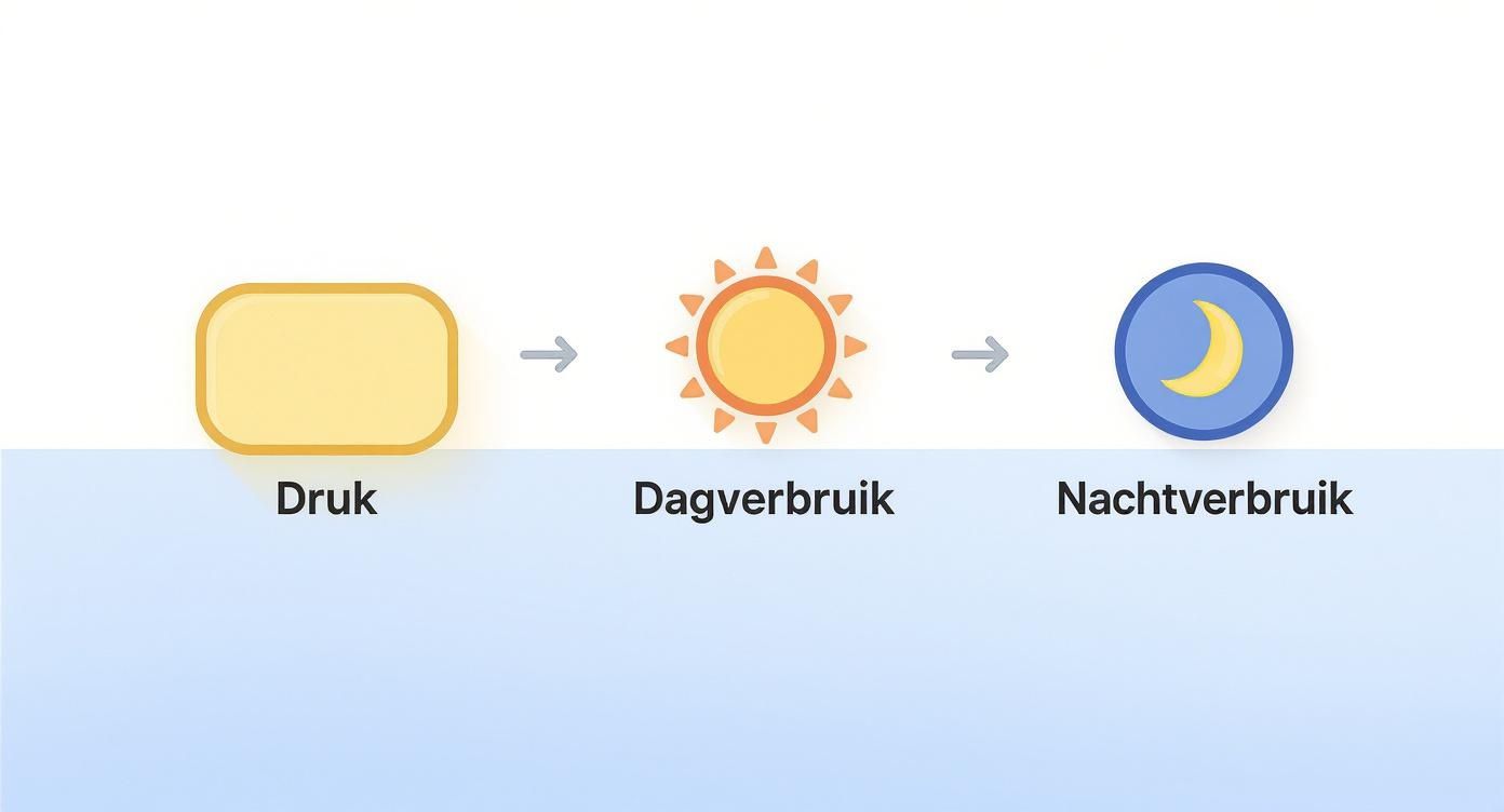 Illustratie van dag- en nachtverbruik, met symbolen voor drukte, zon en maan.