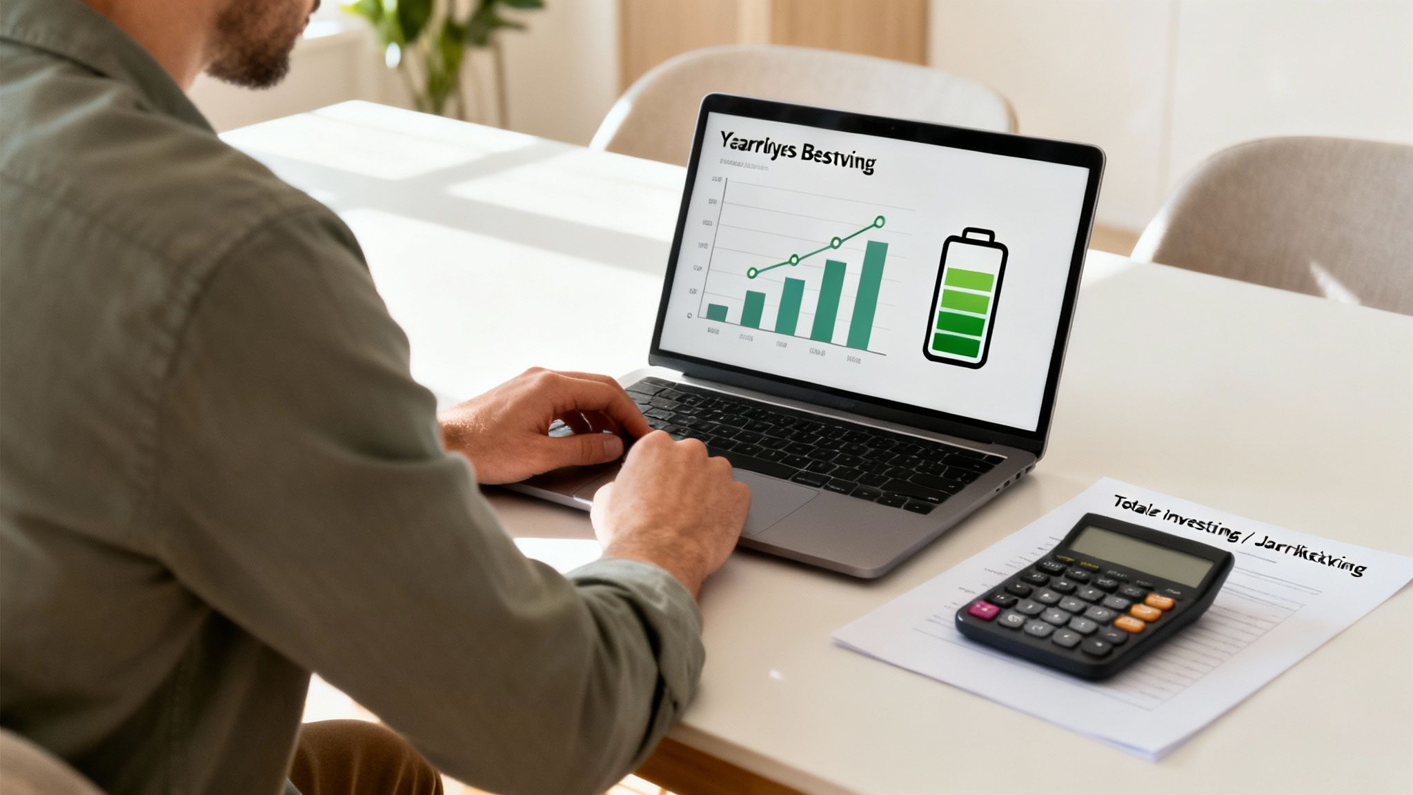 Man werkt aan laptop met grafiek van 'Jaarlijkse Besturing' en volle batterij-icoon, naast een rekenmachine en document over investering.