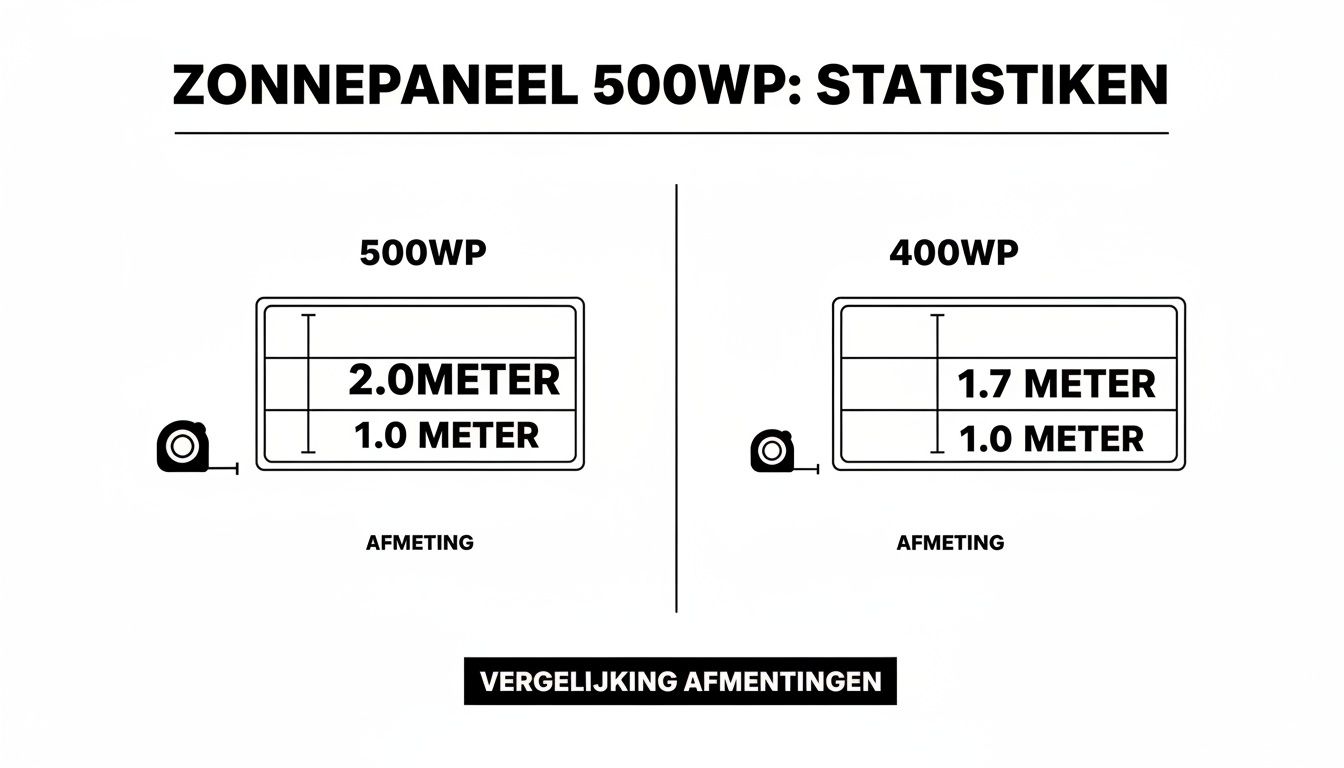 Vergelijking van de afmetingen van zonnepanelen: 500WP (2.0x1.0 meter) en 400WP (1.7x1.0 meter).