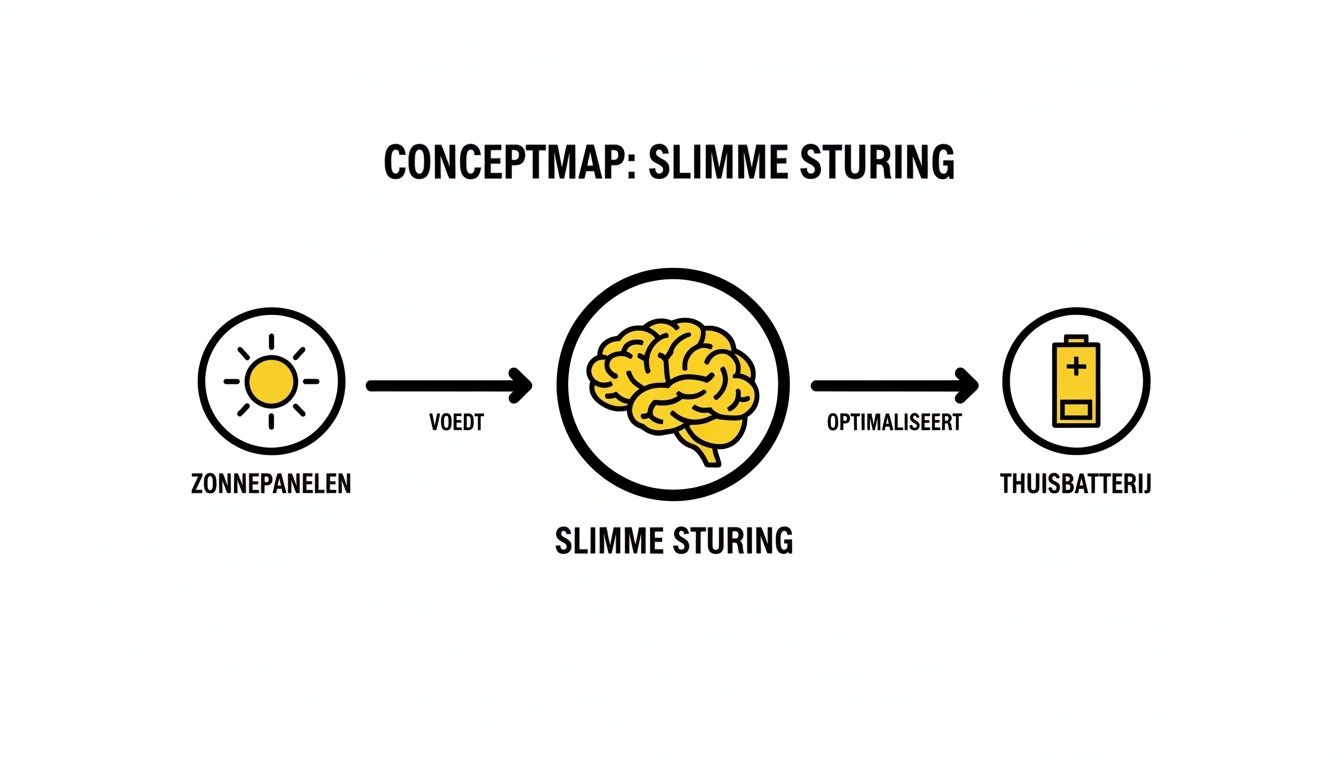 Conceptmap die de werking van slimme sturing toont, van zonnepanelen naar thuisbatterij.
