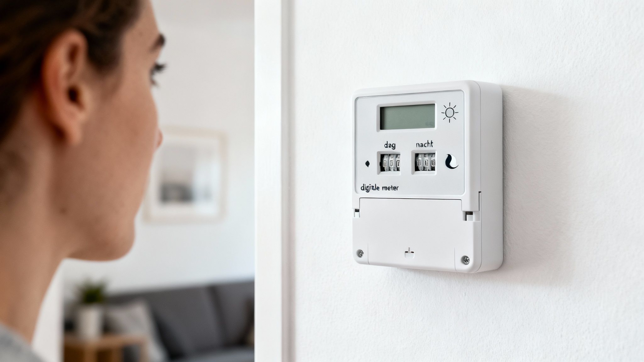 Vrouw kijkt naar een digitale meter op een witte muur met dag- en nachttarieven.