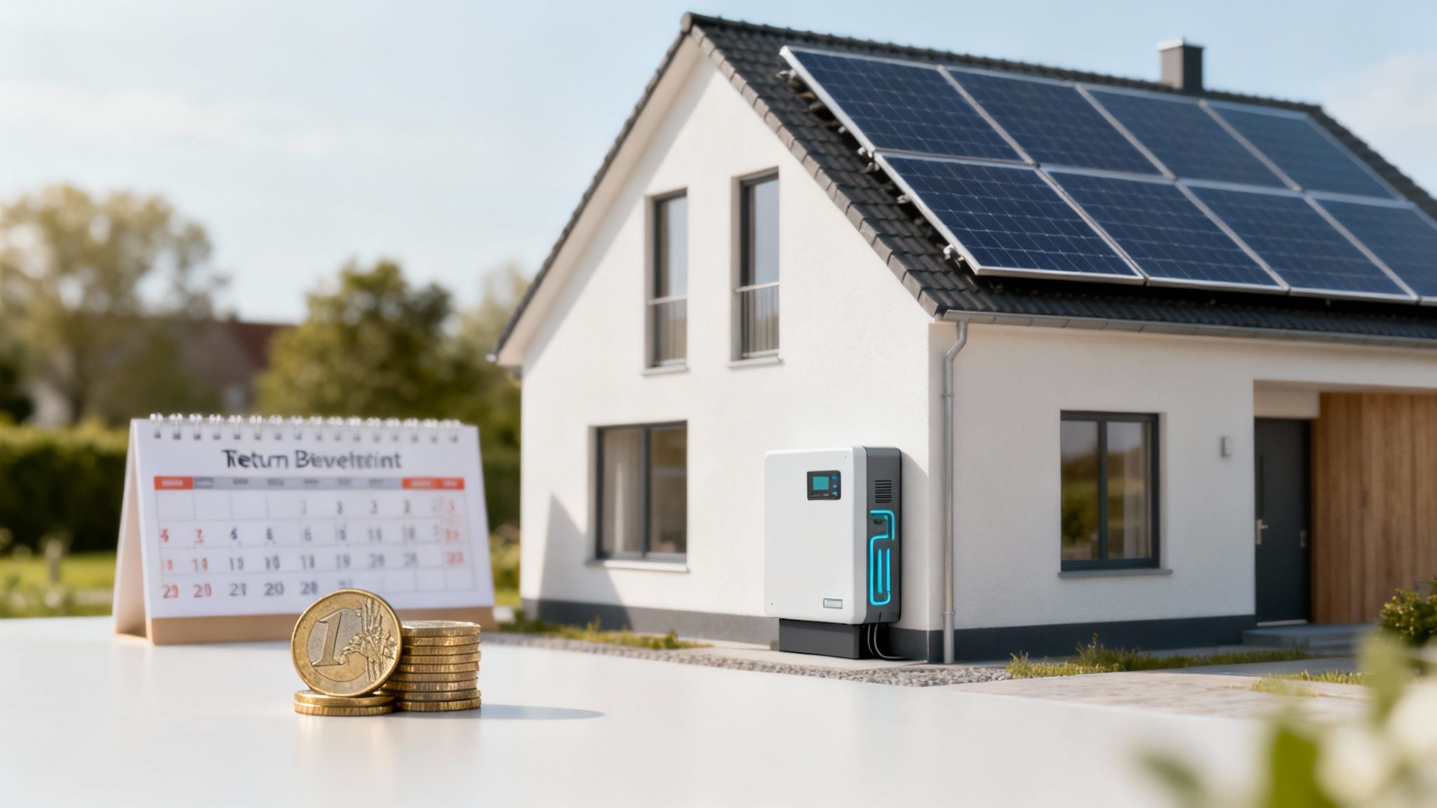 Een huis met zonnepanelen en thuisbatterij, met een kalender en euromunten, symboliseert energiebesparing.