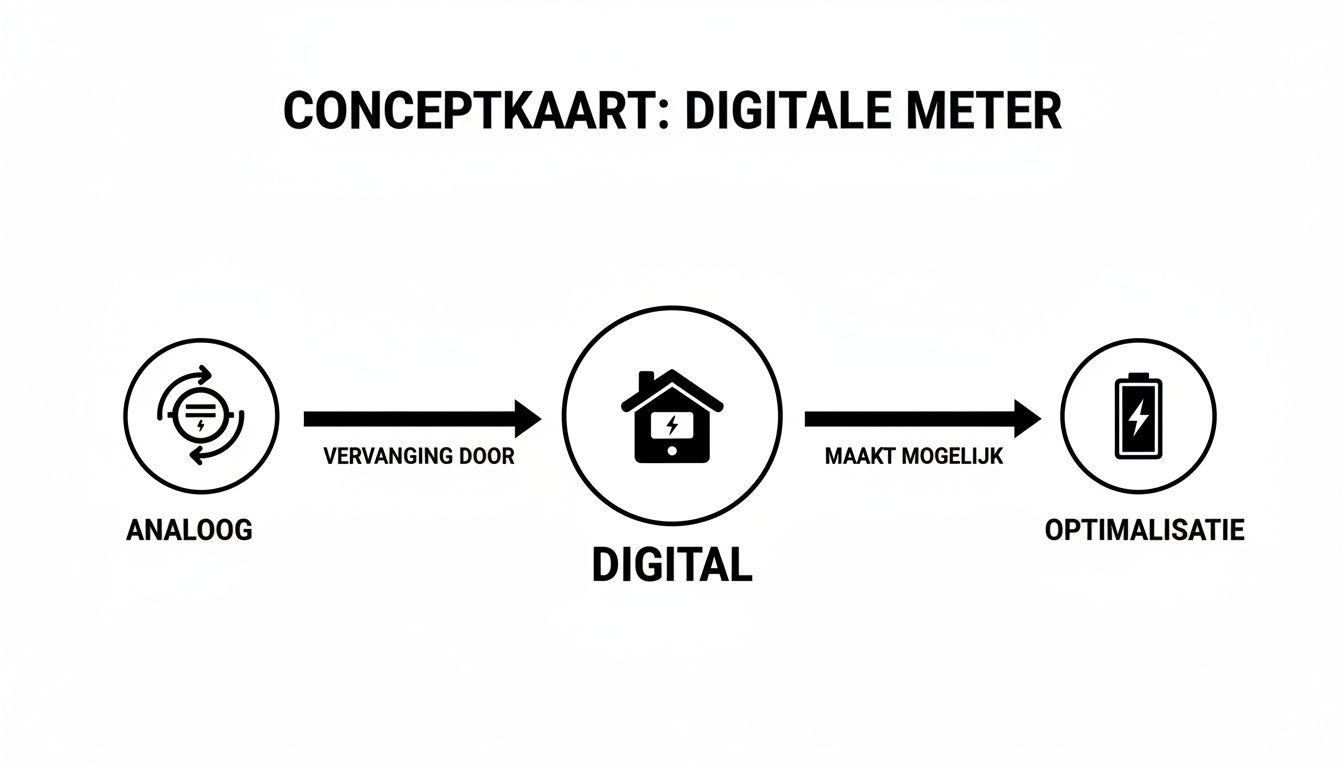 Conceptkaart toont de overgang van analoge naar digitale meters, wat energieoptimalisatie mogelijk maakt.