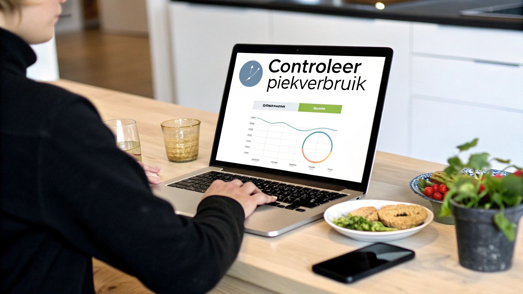 Vrouw bekijkt energieverbruik op laptop met 'Controleer piekverbruik' tekst, op een houten tafel met snacks.