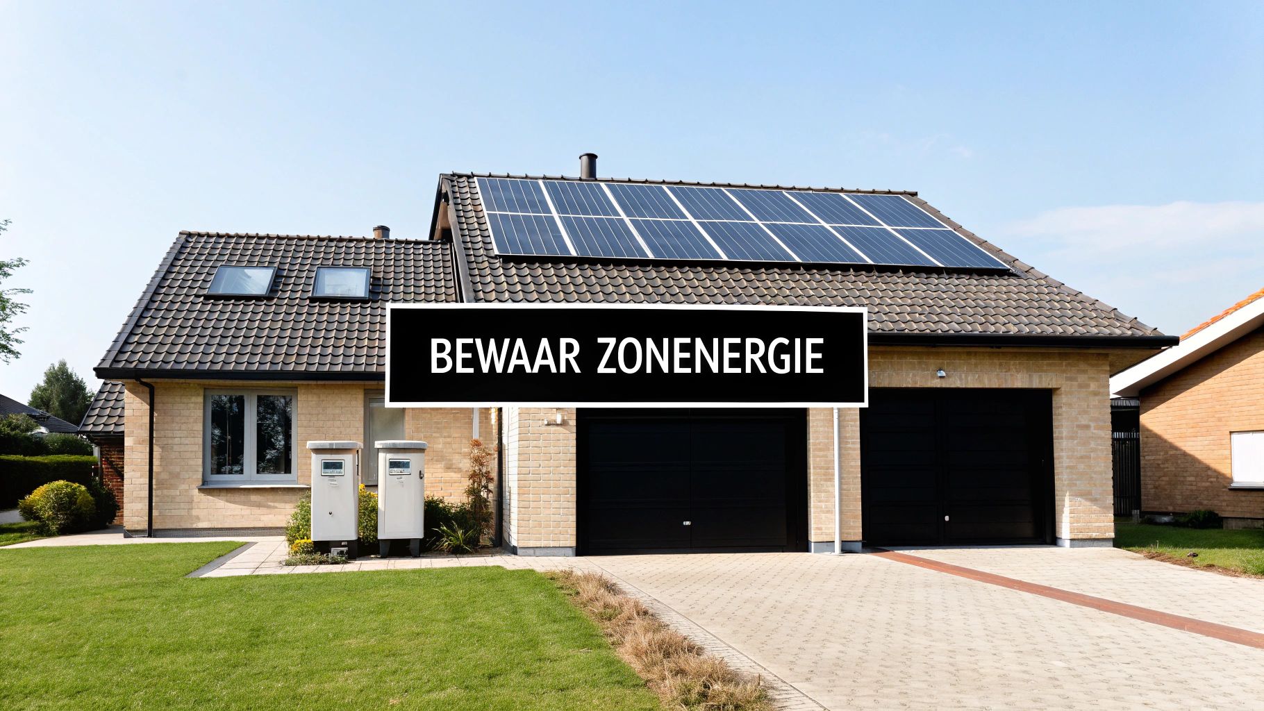 Moderne woning met zonnepanelen op het dak en waarschuwingsbord voor zonenergie opslag