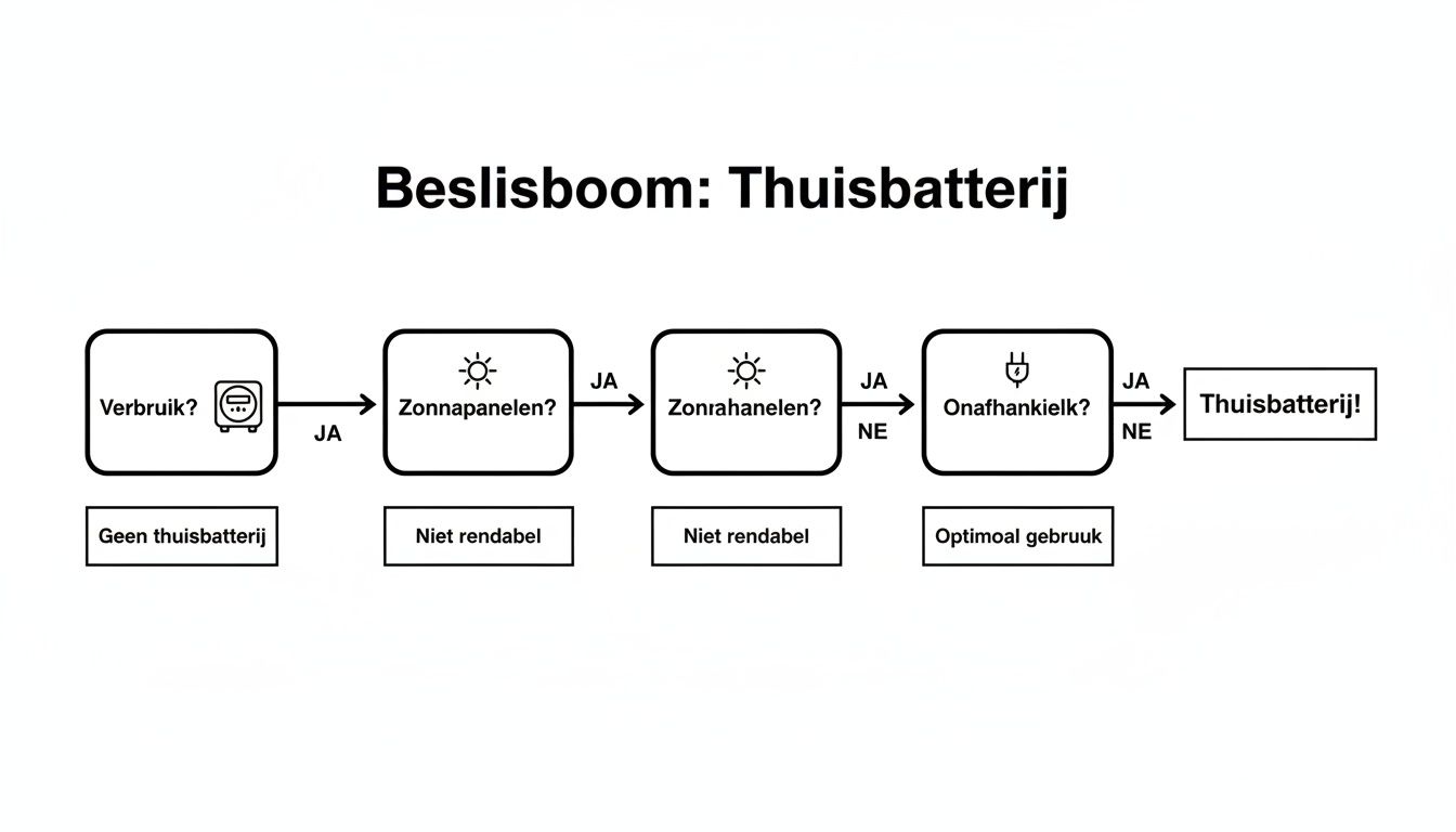 Beslisboom die stap voor stap uitlegt of een thuisbatterij rendabel is, afhankelijk van verbruik en zonnepanelen.