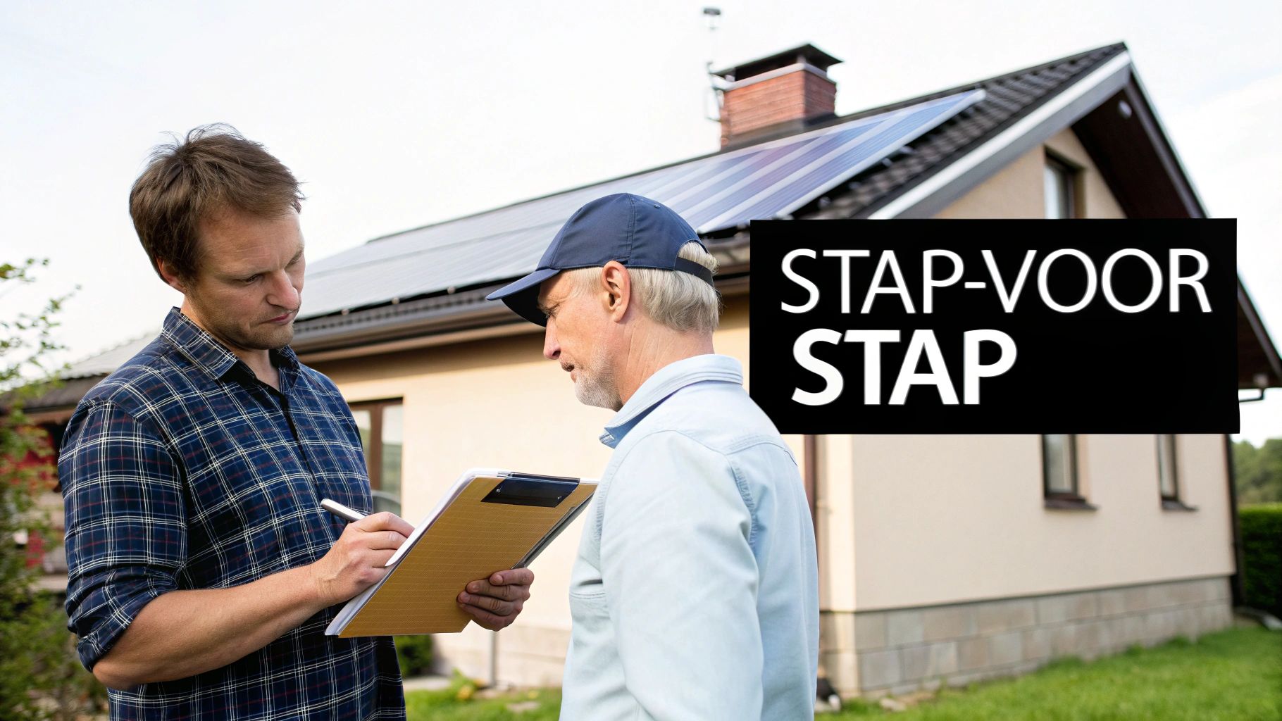 Twee mannen buiten bij een huis met zonnepanelen, één noteert iets op een klembord.