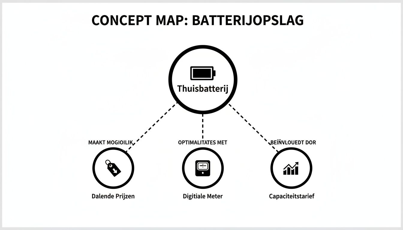Conceptmap over thuisbatterijopslag, gerelateerd aan dalende prijzen, digitale meters en capaciteitstarief.