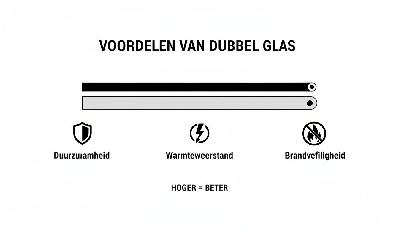 Visualisatie van de voordelen van dubbel glas: hogere duurzaamheid, warmteweerstand en brandveiligheidsscores.