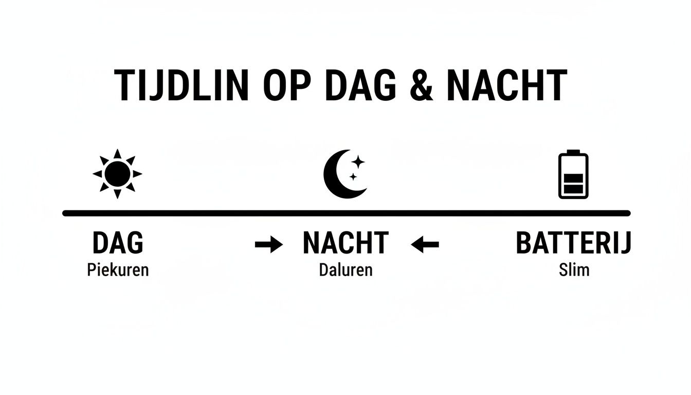 Tijdlijn van energieverbruik met dag (piekuren), nacht (daluren) en slim batterijbeheer.