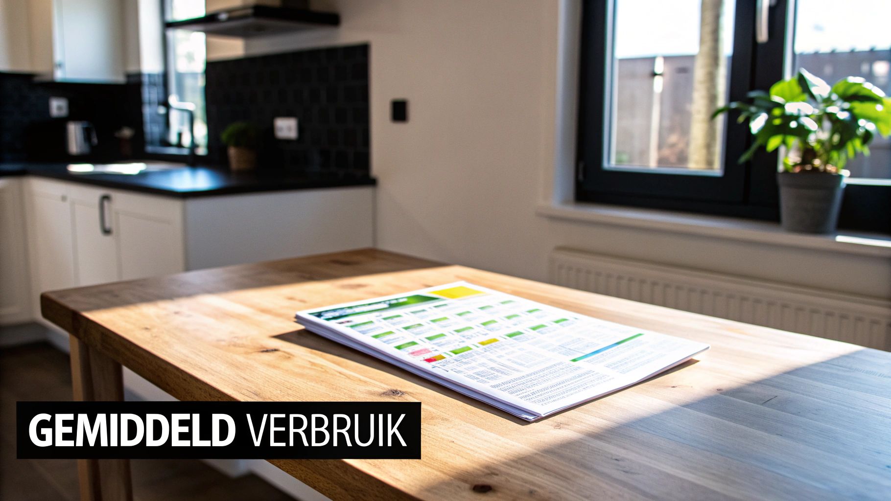 Een zonnige keuken met een houten tafel waarop een energierapport met gekleurde grafieken ligt.