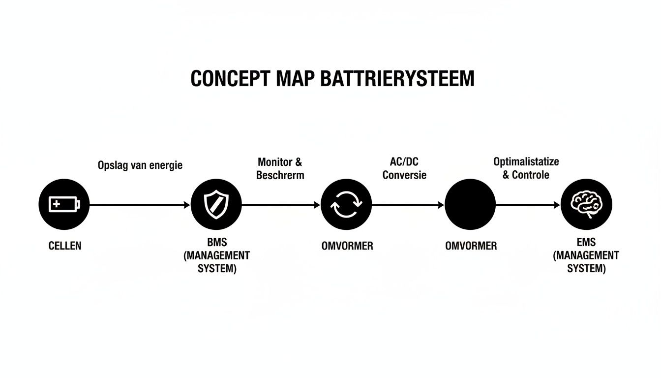 Conceptmap van een batterijsysteem, met de stappen van energieopslag, beheer, conversie en optimalisatie.