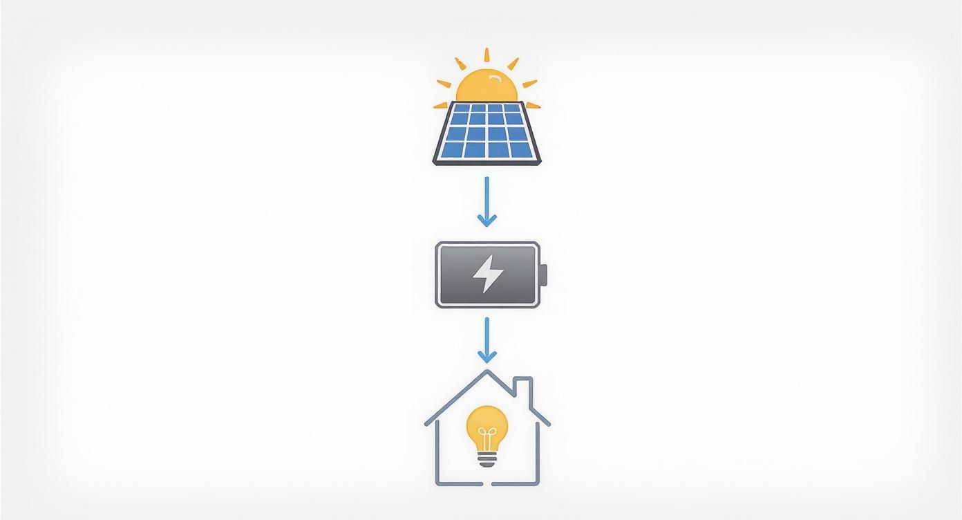 Zonnepanelen die energie opslaan in batterij voor gebruik in huis met verlichte lamp