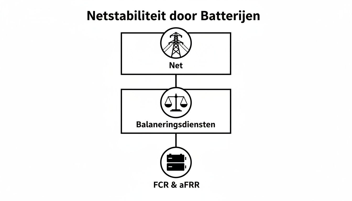 Diagram toont hoe batterijen bijdragen aan netstabiliteit via balanceringsdiensten zoals FCR en aFRR.