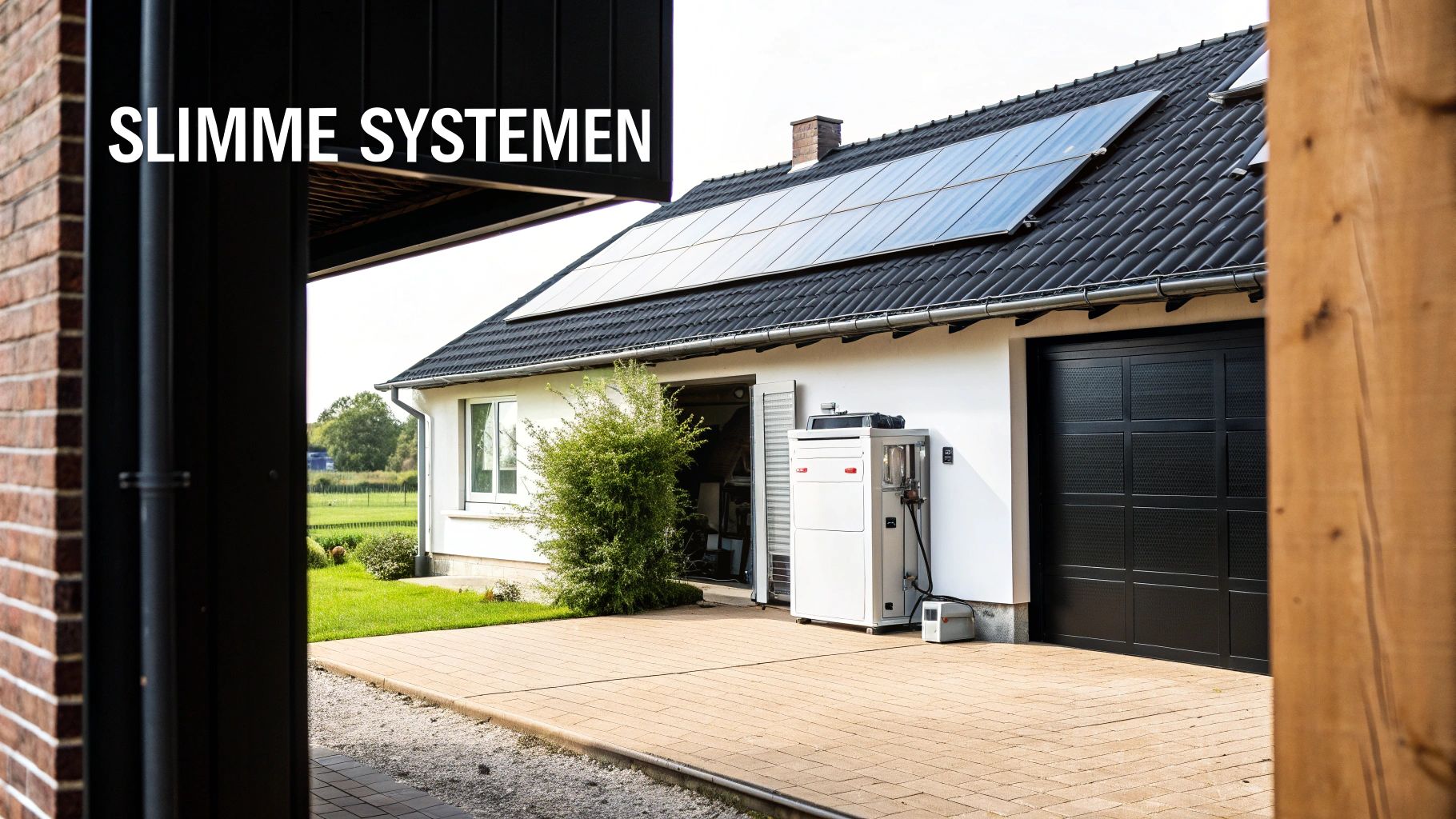 Woonhuis met zonnepanelen op het dak en een energiezuinig systeem buiten, de tekst 'SLIMME SYSTEMEN' is zichtbaar.
