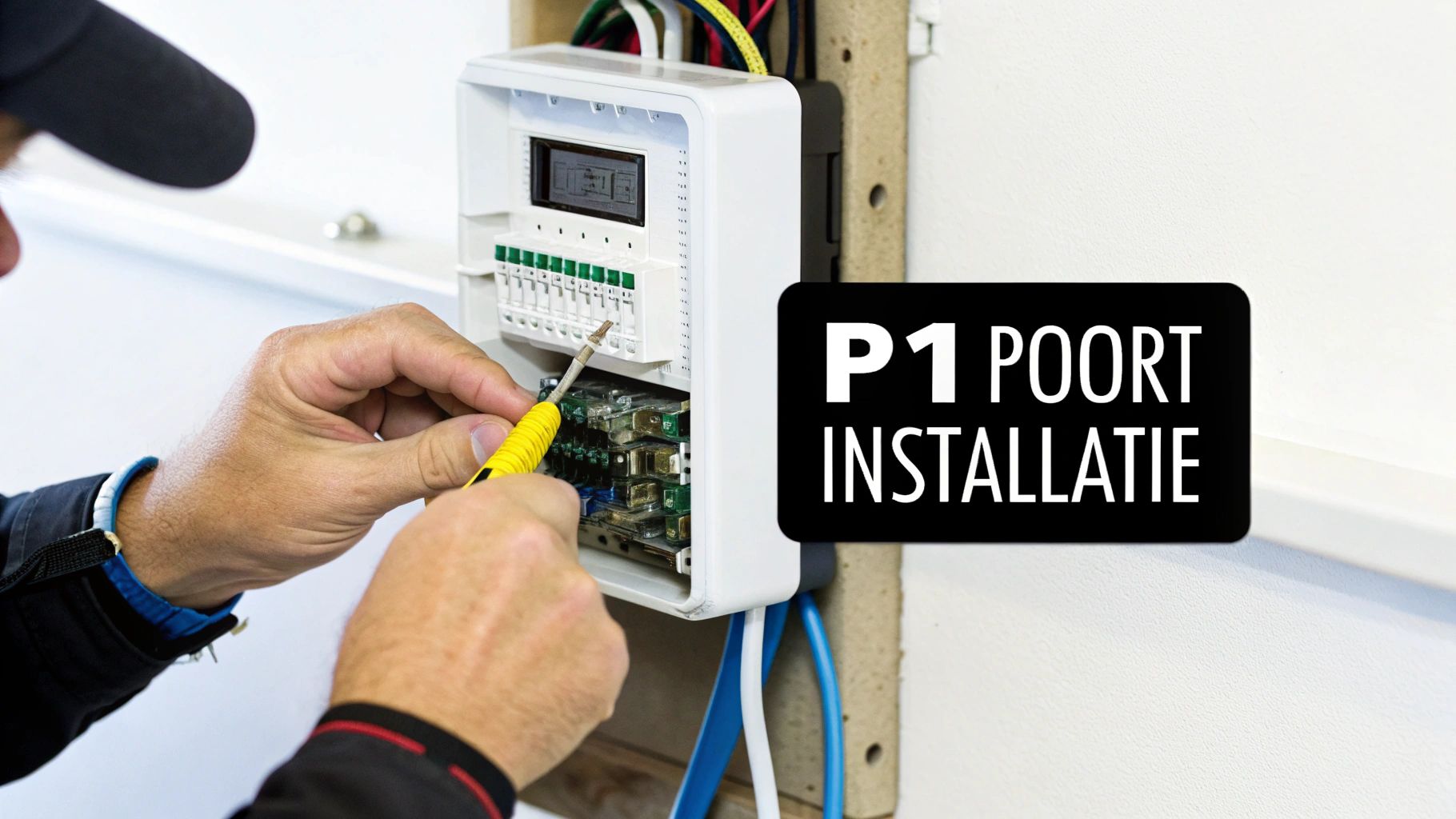 Man installeert een P1 poort apparaat in een witte behuizing met een schroevendraaier, met tekstoverlay 'P1 POORT INSTALLATIE'.