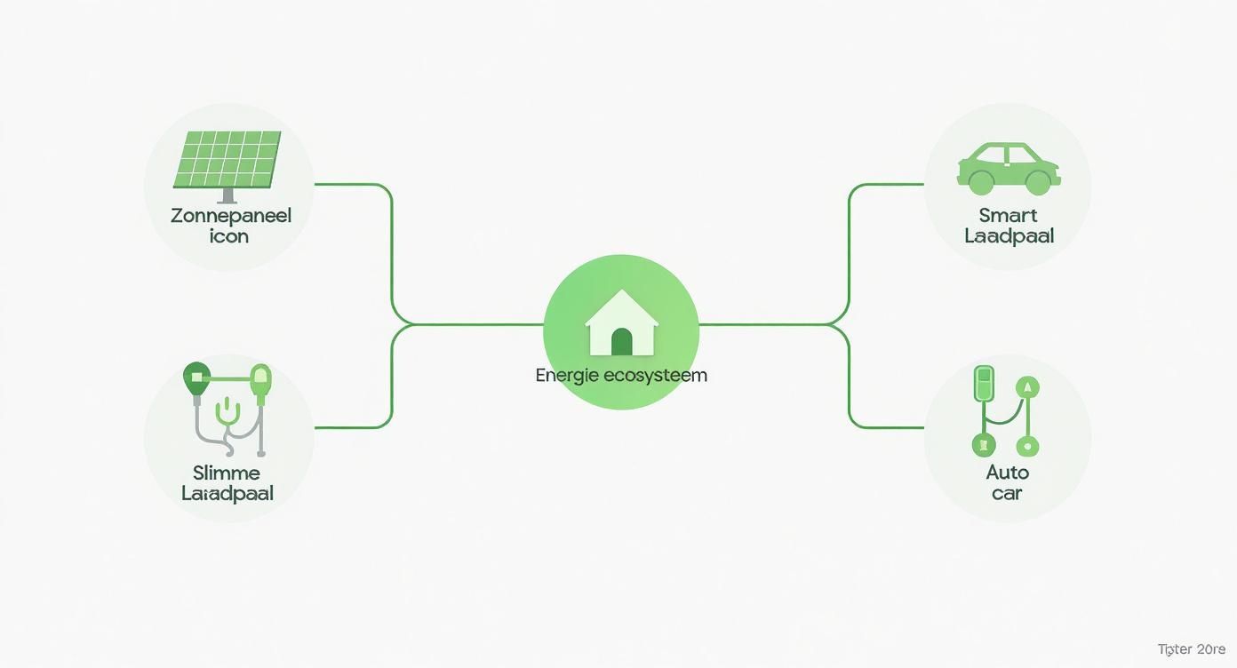 Een diagram van een energie ecosysteem, verbonden met zonnepanelen, slimme laadpalen en een elektrische auto.