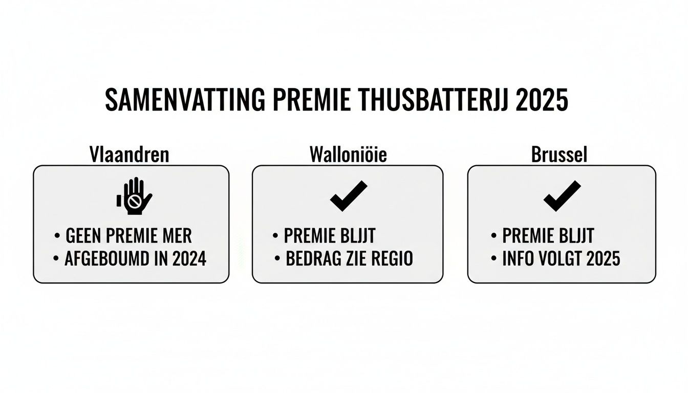 Overzicht van premies voor thuisbatterijen in 2025 voor Vlaanderen, Wallonië en Brussel, inclusief afbouw en voortzetting.