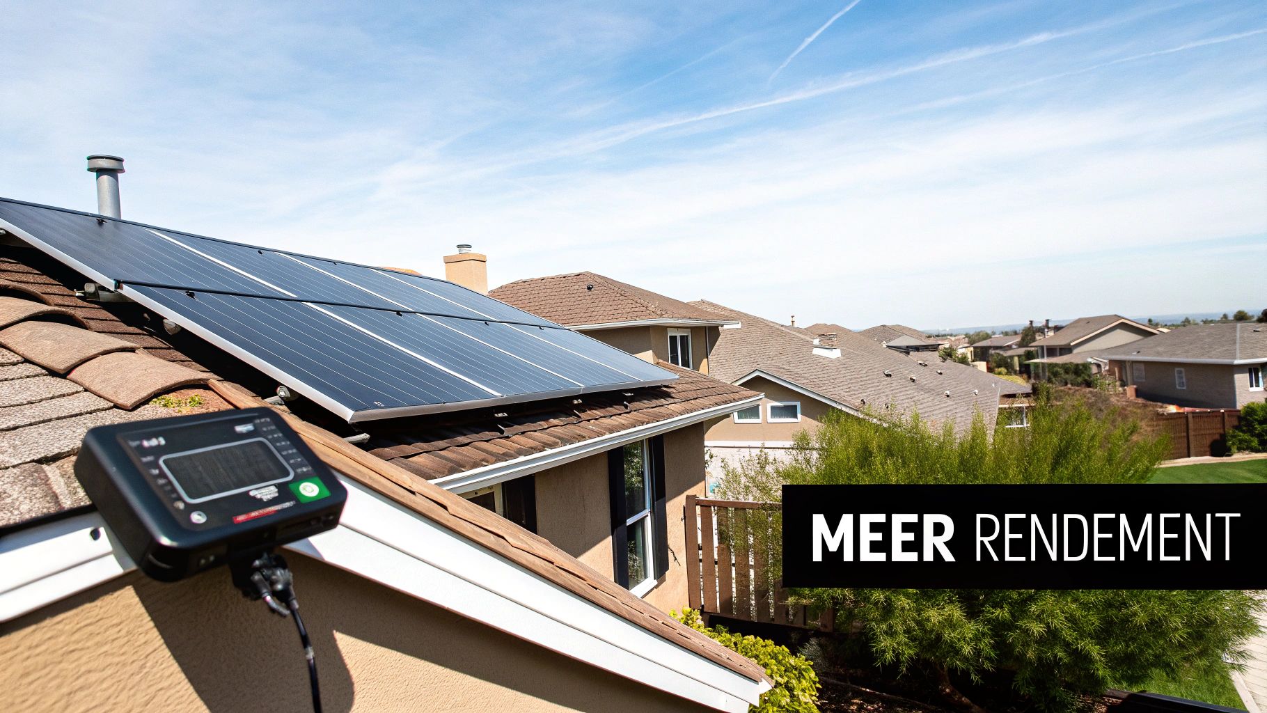 Zonnepanelen op een dak met een monitoringsapparaat, onder een heldere hemel, en woningen op de achtergrond.
